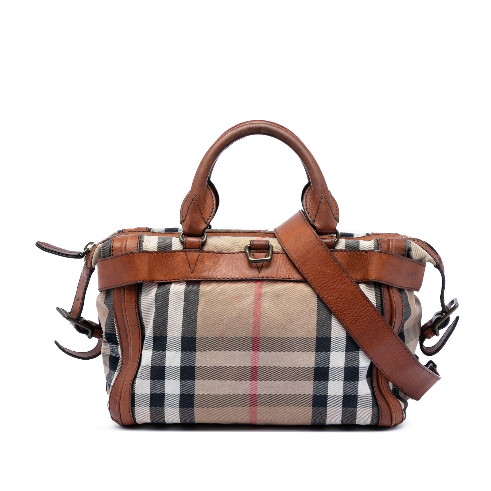 Burberry Banford Plaid Canvas Satchel with Leather Trim and Detachable Strap: Burberry Banford Plaid Canvas Satchel with Leather Trim and Detachable Strap This Burberry House Check Canvas Banford Bowling Bag features a plaid canvas body with leather trim, rolled leather handles