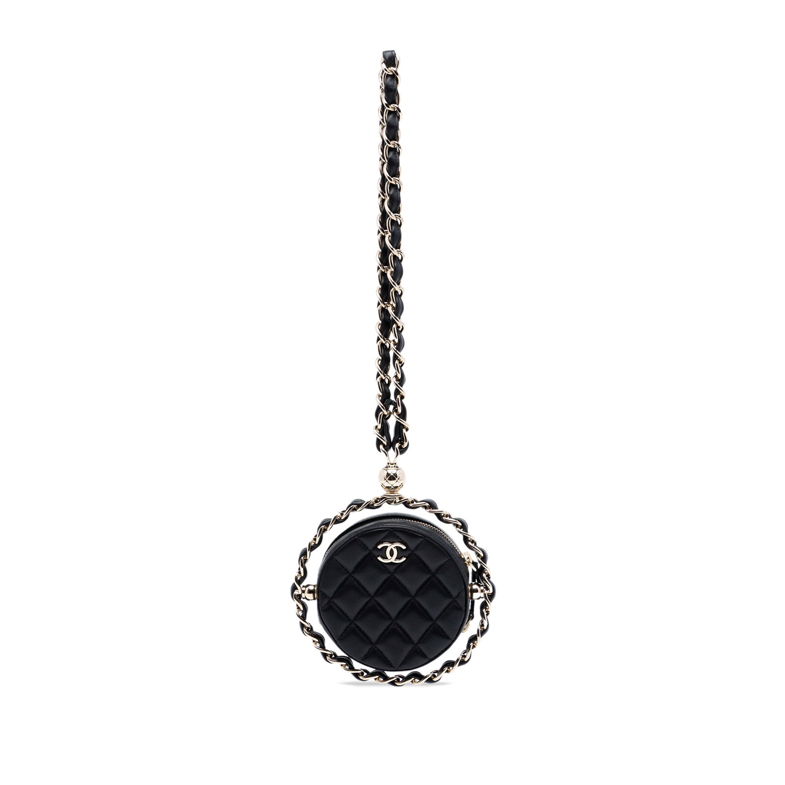 Chanel black quilted lambskin chain strap clutch: Chanel black quilted lambskin chain strap clutch This Chanel CC Quilted Lambskin Round Chain Around Clutch With Chain is crafted from luxurious quilted lambskin leather in black. It features a leather