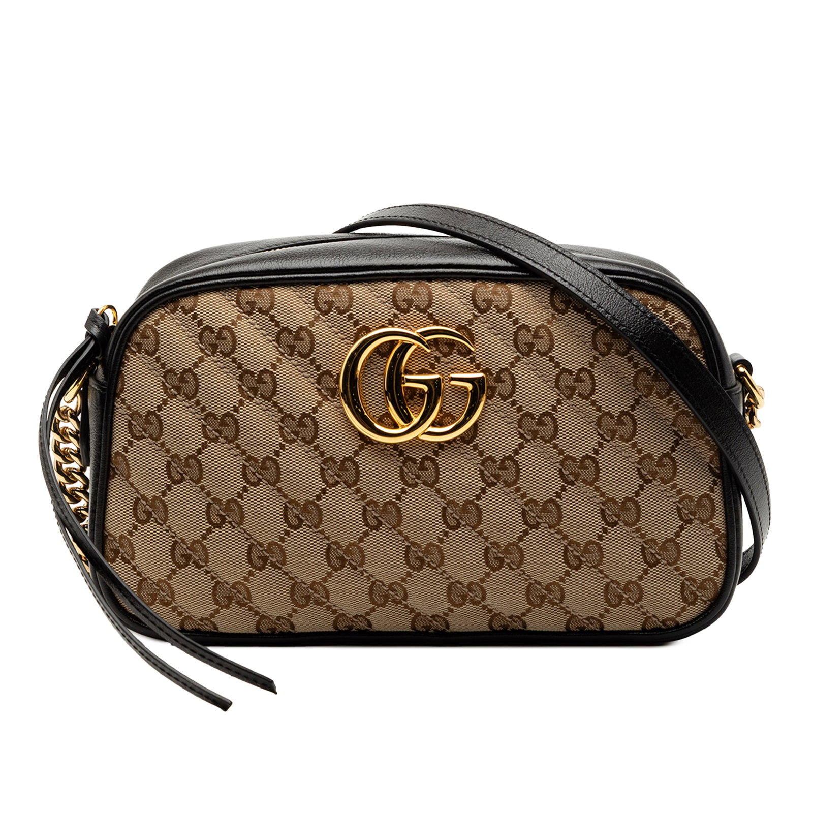 Gucci GG Marmont Small Beige Canvas Leather Quilted Crossbody Bag: Gucci GG Marmont Small Beige Canvas Leather Quilted Crossbody Bag This Gucci Small GG Marmont Matelasse crossbody bag features a quilted canvas body with leather trim, a chain link and adjustable leat