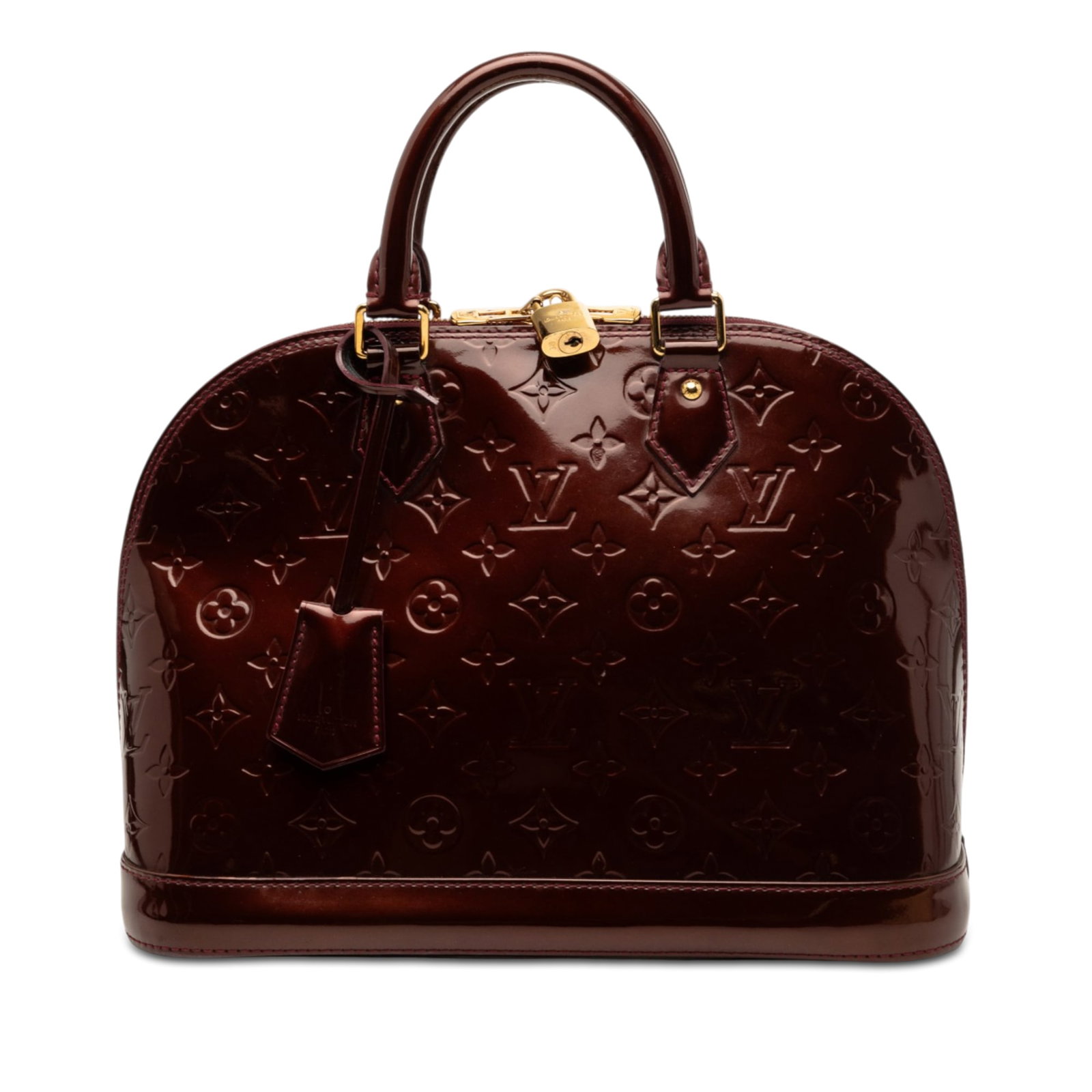 Louis Vuitton Alma PM Monogram Vernis Red Leather Bag: Louis Vuitton Alma PM Monogram Vernis Red Leather Bag This Louis Vuitton Monogram Vernis Alma PM features a red monogram vernis leather body with rolled leather handles, a top zip closure, and interio