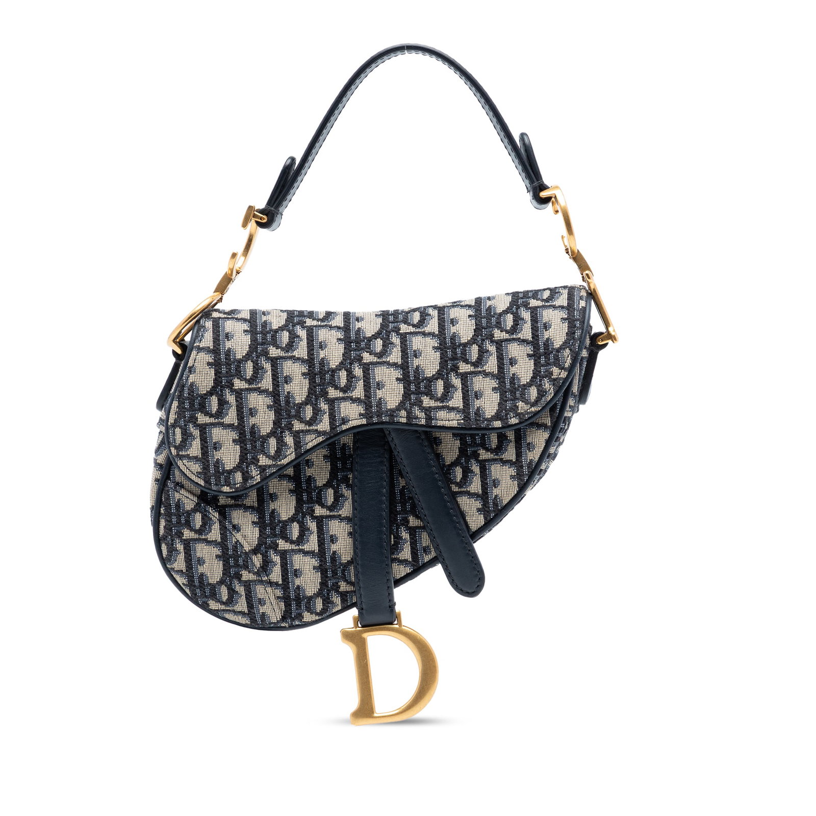 Mini Saddle Bag in Blue Oblique Canvas with Leather Handle by Dior: Mini Saddle Bag in Blue Oblique Canvas with Leather Handle by Dior This Dior Mini Oblique Canvas Saddle Bag features a blue canvas body with the signature Oblique pattern, a flat leather handle, a fla