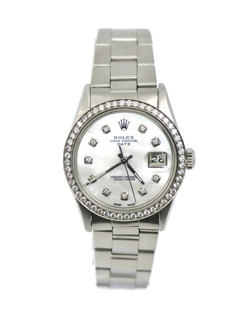 Rolex Oyster Perpetual Date 15000 Stainless Steel Diamond Dial Women's Watch: Rolex Oyster Perpetual Date 15000 Stainless Steel Diamond Dial Women's Watch This Rolex Oyster Perpetual Date watch, reference 15000, features a polished round stainless steel case with a 34mm diamete
