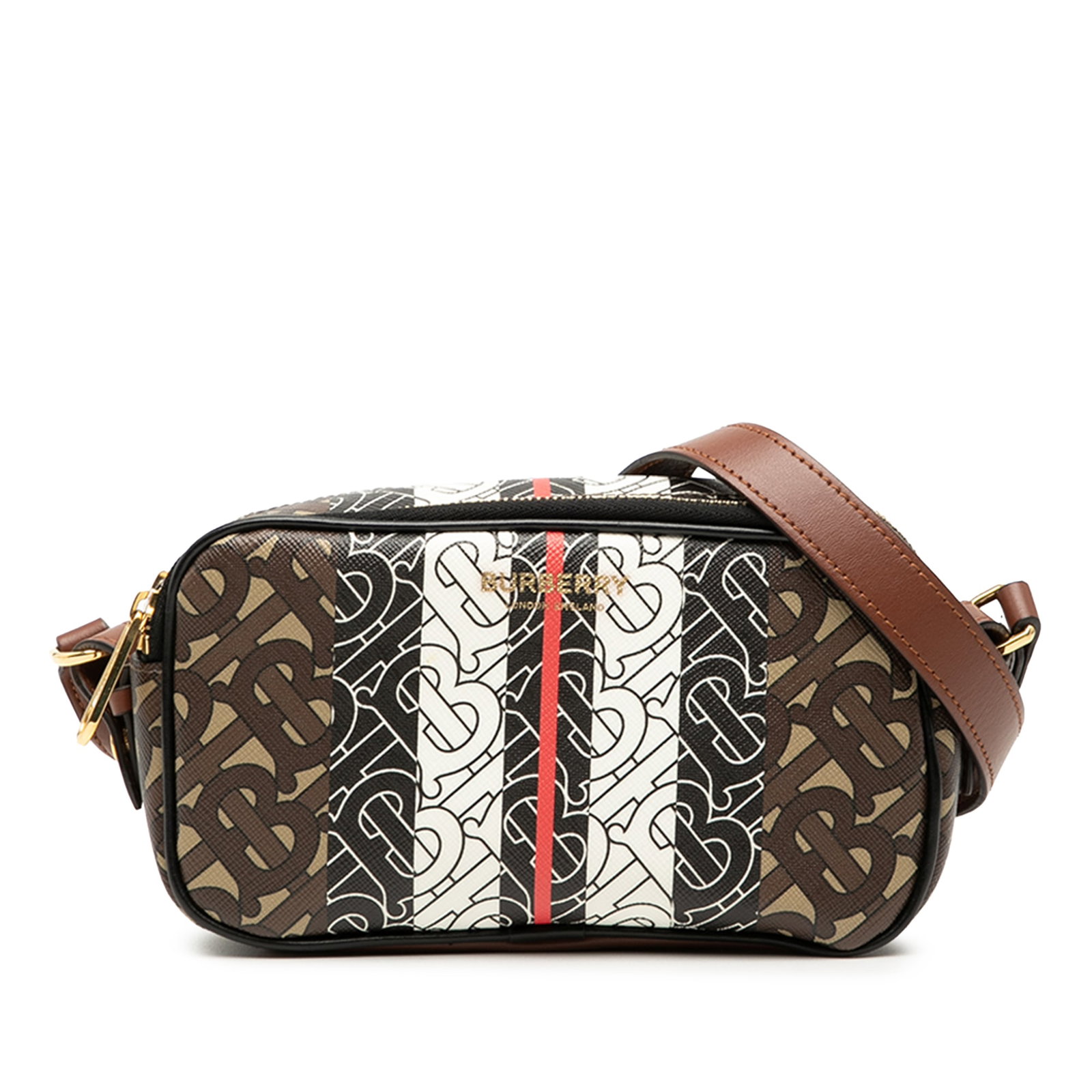 Burberry Stripe TB Monogram E-Canvas Crossbody Bag with Dual Zip Compartments: Burberry Stripe TB Monogram E-Canvas Crossbody Bag with Dual Zip Compartments This Burberry TB Monogram E-Canvas Stripe Camera Bag is crafted in coated canvas with leather trim. It features a flat lea
