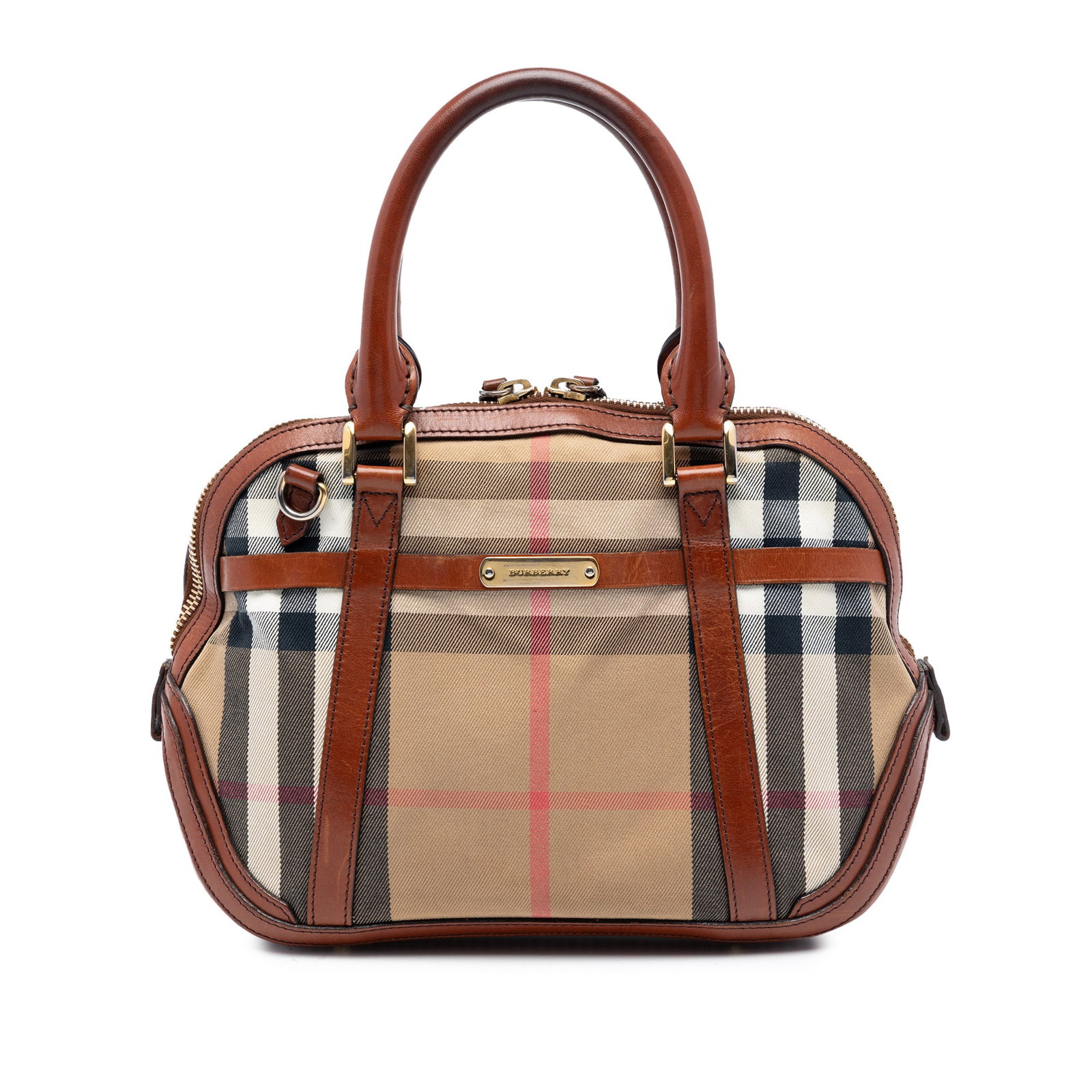 Burberry House Check Canvas Orchard Satchel with Leather Trim: Burberry House Check Canvas Orchard Satchel with Leather Trim This Burberry Small Leather Trimmed House Check Canvas Bridle Orchard Satchel features a canvas body accented with leather trim, rolled le