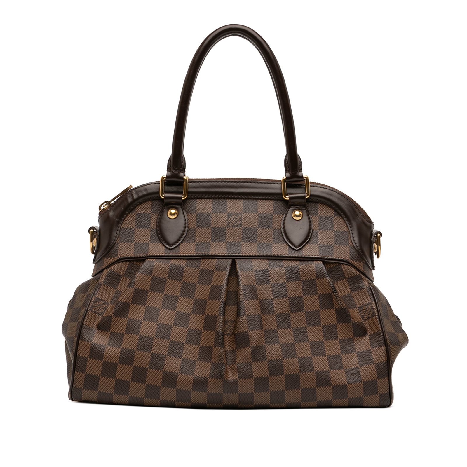 Louis Vuitton Trevi PM Brown Damier Ebene Canvas Handbag with Leather Trim: Louis Vuitton Trevi PM Brown Damier Ebene Canvas Handbag with Leather Trim The Louis Vuitton Damier Ebene Trevi PM features a brown Damier Ebene canvas body with leather trim, rolled leather handles, 