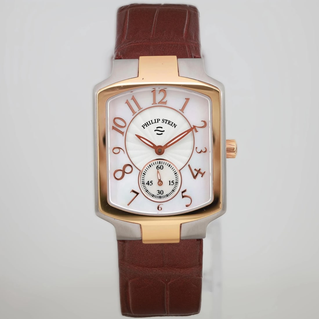 Philip Stein Signature 27mm Quartz Watch White MOP Dial Gold Bezel Brown Leather Band (1 of 3)