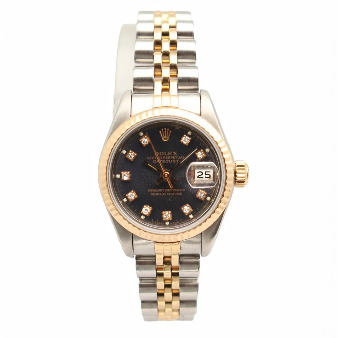 Rolex Datejust 26mm Diamond Marker Ladies Watch 69173: Rolex Datejust 26mm Diamond Marker Ladies Watch 69173 This Rolex Datejust wristwatch features a 26mm polished stainless steel case with an 18K yellow gold fluted fixed bezel. It is designed for women 