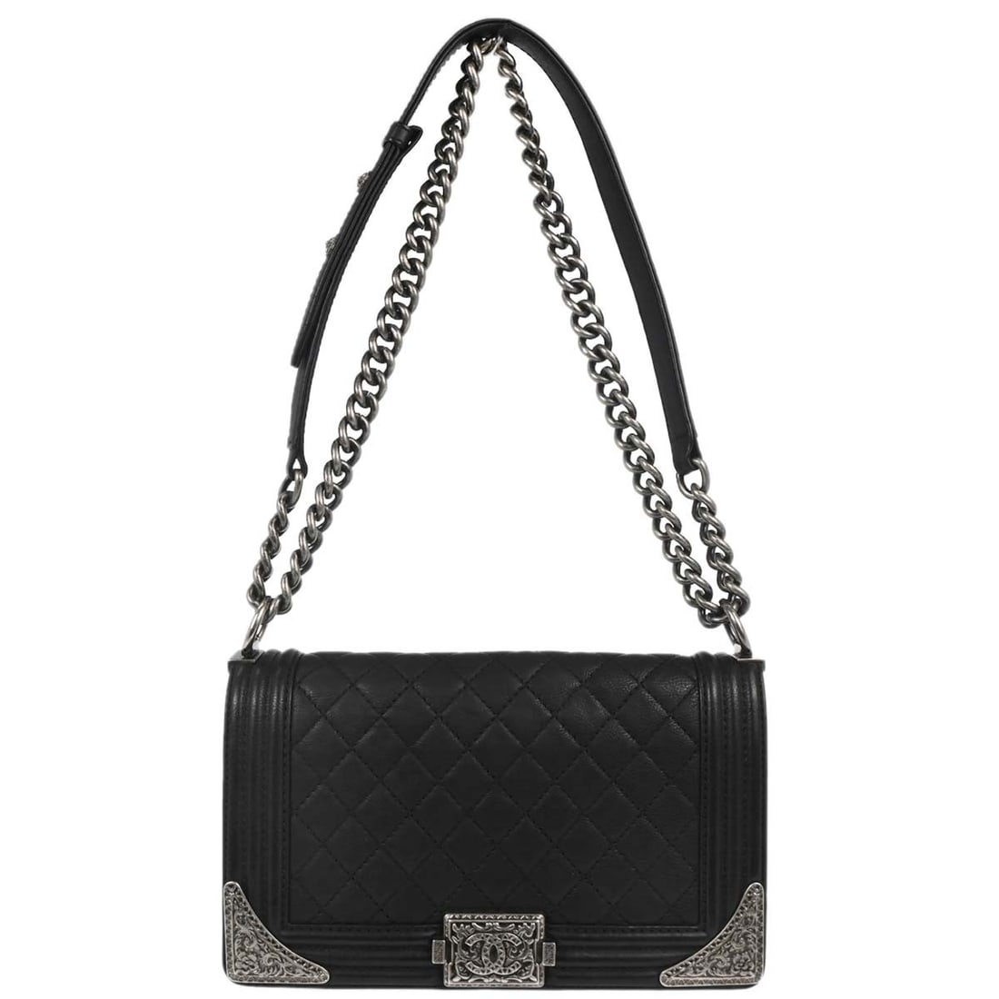 CHANEL Boy Medium Black Calfskin Chain Shoulder Bag: CHANEL Boy Medium Black Calfskin Chain Shoulder Bag This Boy Chanel medium shoulder bag features a square silhouette crafted from black leather with a quilted design and a push lock closure. It is acc