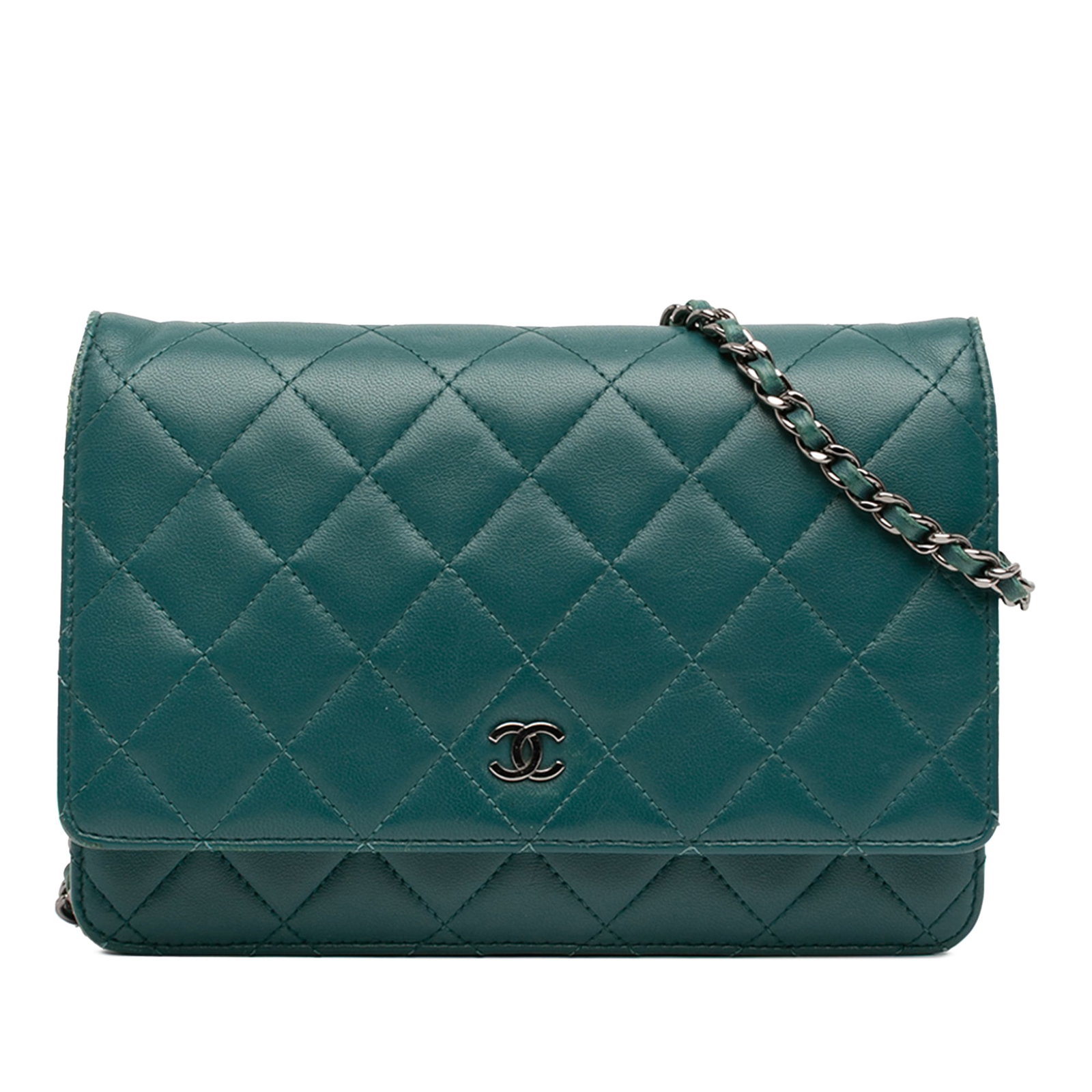 Blue Chanel Wallet On Chain Quilted Lambskin Leather Shoulder Bag: Blue Chanel Wallet On Chain Quilted Lambskin Leather Shoulder Bag This Chanel CC Quilted Lambskin Wallet On Chain features a blue quilted lambskin leather exterior, a leather-woven chain shoulder stra