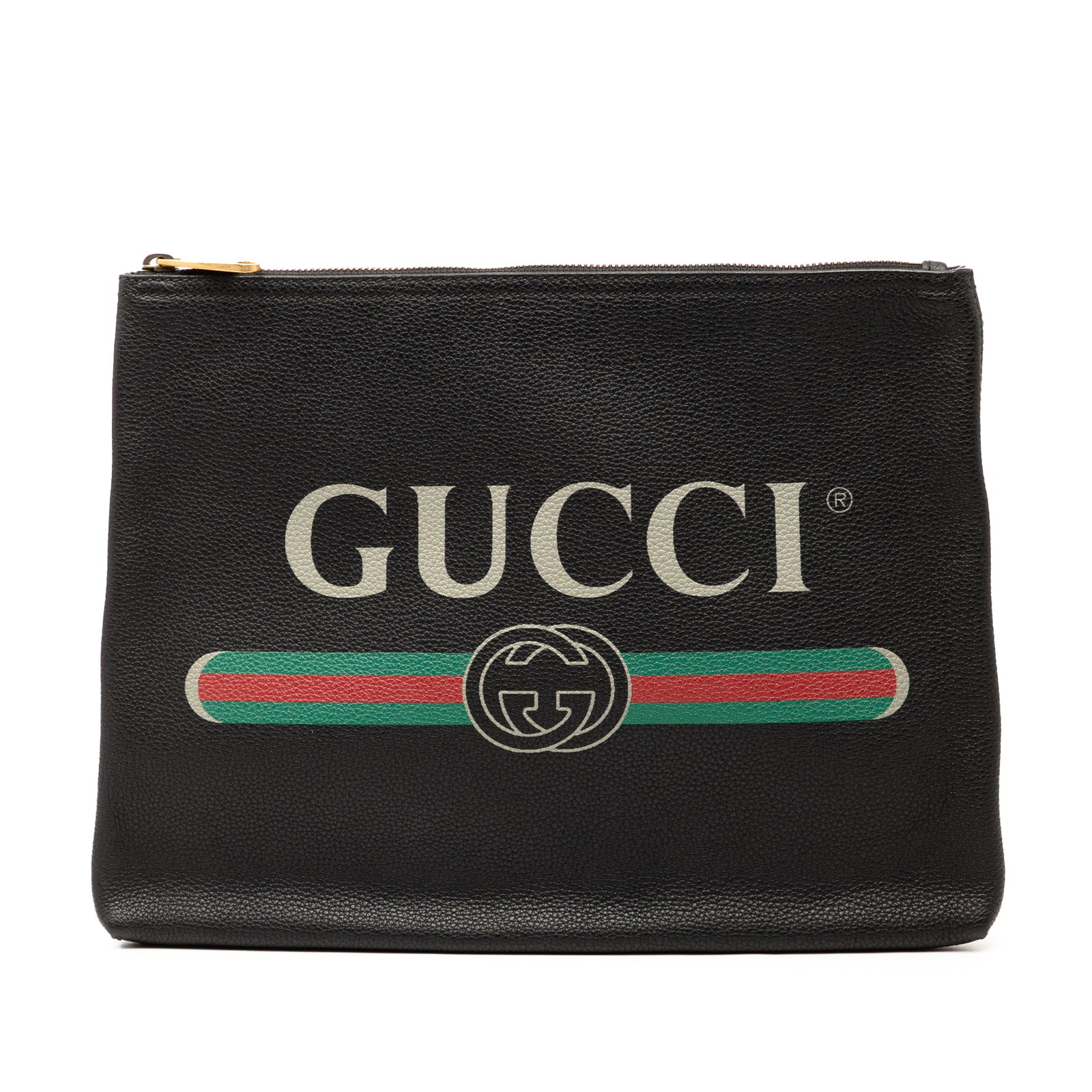 Gucci Black Leather Medium Portfolio Clutch with Logo Print: Gucci Black Leather Medium Portfolio Clutch with Logo Print This clutch bag features a printed leather exterior with a top zip closure. The bag is designed in black and showcases the Gucci logo. Notab