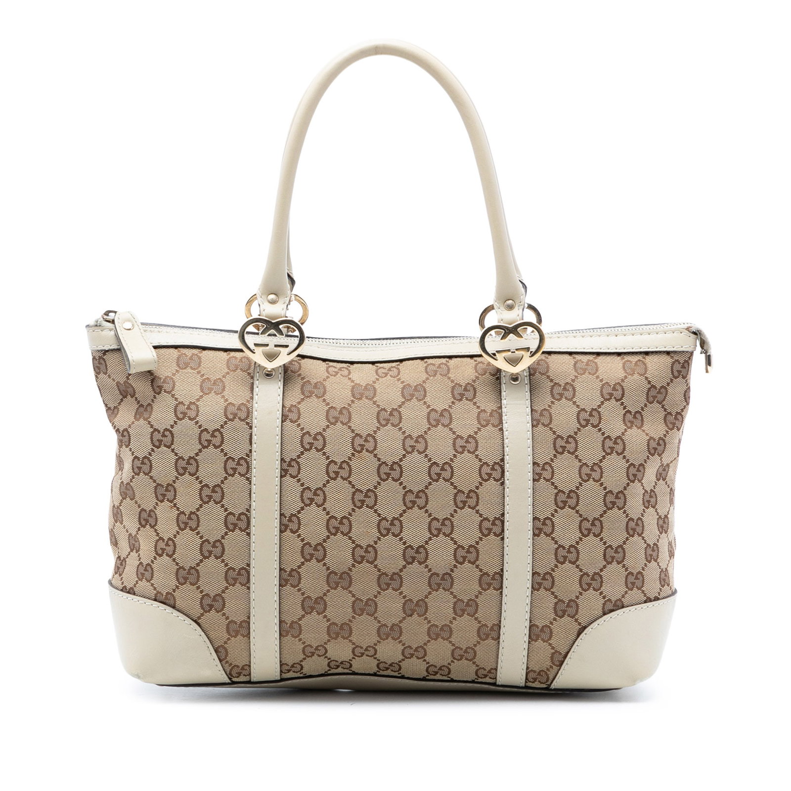 Gucci GG Canvas Lovely Tote Bag with Leather Trim: Gucci GG Canvas Lovely Tote Bag with Leather Trim This Gucci GG Canvas Lovely Tote features a beige canvas exterior with leather trim and rolled leather handles. It offers a top zip closure and includ