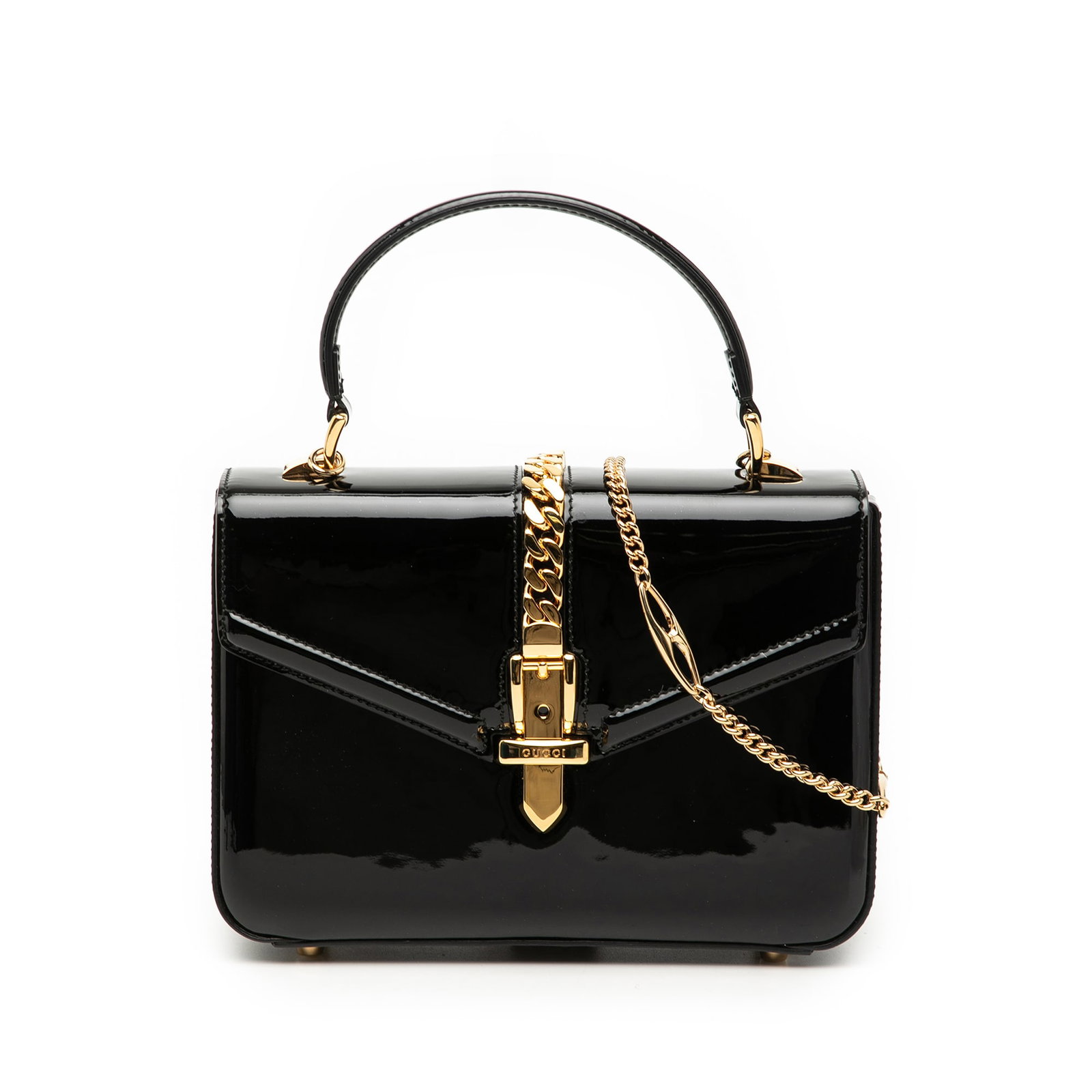 Black Patent Leather Gucci Sylvie 1969 Mini Top Handle Purse: Black Patent Leather Gucci Sylvie 1969 Mini Top Handle Purse The Gucci Mini Patent Sylvie 1969 Top Handle Bag features a sleek patent leather body in black, a flat top handle, and a chain link shoulde