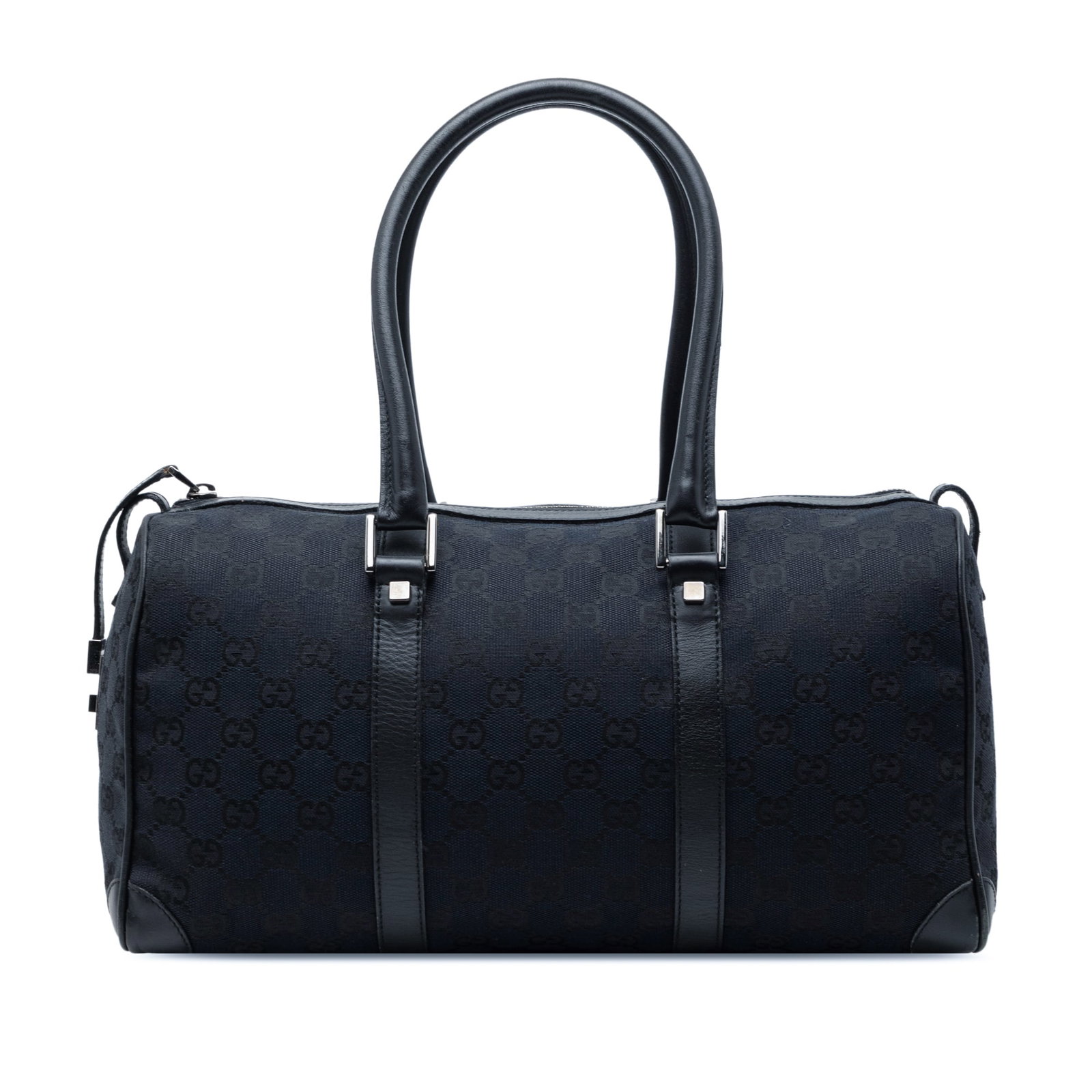 Gucci GG Canvas Blue Boston Bag Leather Trim: Gucci GG Canvas Blue Boston Bag Leather Trim This Gucci GG Canvas Boston bag features a blue canvas body with leather trim, rolled leather handles, a top zip closure, and an interior zip pocket. The b