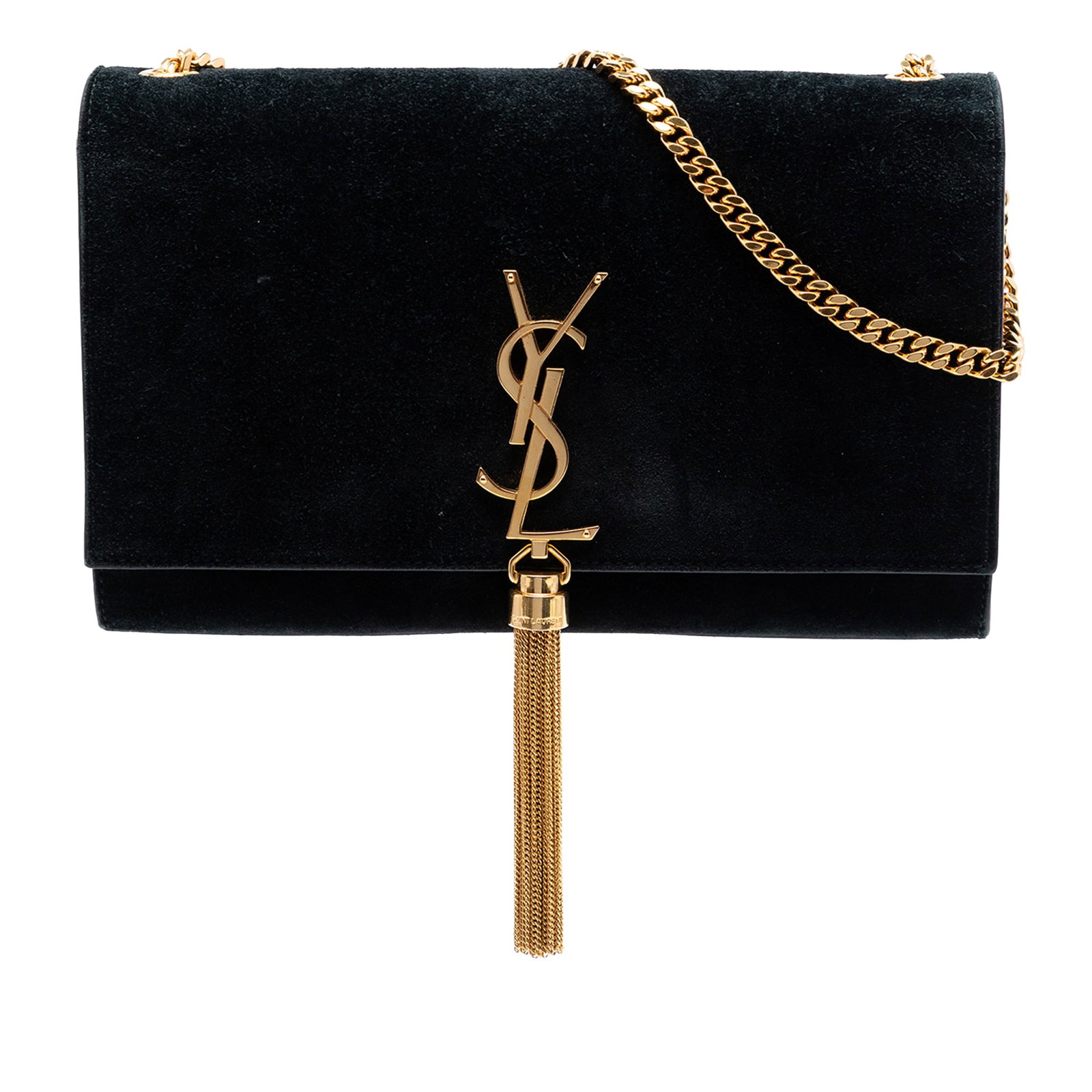 Saint Laurent Kate suede chain crossbody bag: Saint Laurent Kate suede chain crossbody bag This Saint Laurent Medium Suede Monogram Kate Tassel Crossbody features a black suede leather body with a chain shoulder strap and a front flap secured by 