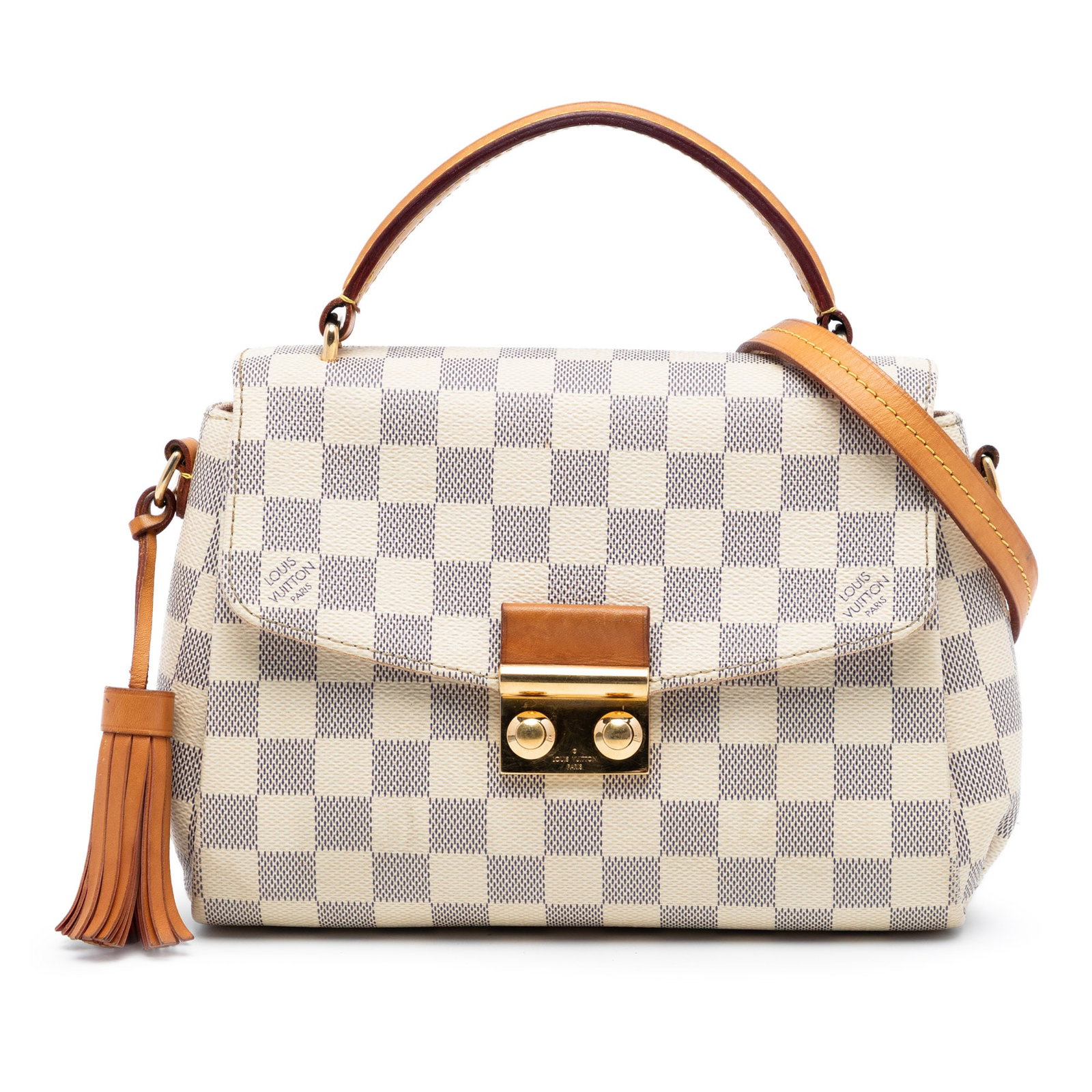 Louis Vuitton Croisette Damier Azur bag with strap: Louis Vuitton Croisette Damier Azur bag with strap This Louis Vuitton Damier Azur Croisette bag features a signature damier azur canvas body with vachetta leather trim and a leather tassel detail. It 