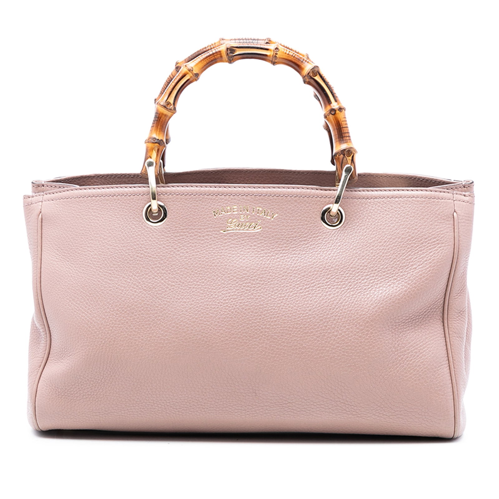 Gucci Bamboo Shopper Medium Leather Satchel with Detachable Strap: Gucci Bamboo Shopper Medium Leather Satchel with Detachable Strap This Gucci Medium Calfskin Bamboo Shopper Satchel features a pink leather body with distinctive bamboo top handles, a detachable flat 