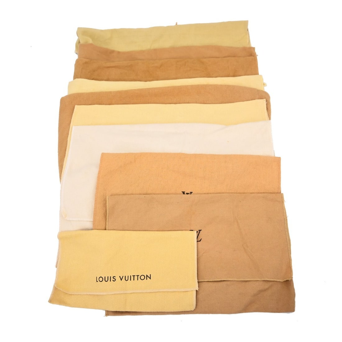 Set of 10 Brown Beige Cotton Louis Vuitton Dustbags: Set of 10 Brown Beige Cotton Louis Vuitton Dustbags This set includes 10 Louis Vuitton dust bags in brown and beige, crafted from 100% cotton. These dust bags are designed for unisex use and show reas