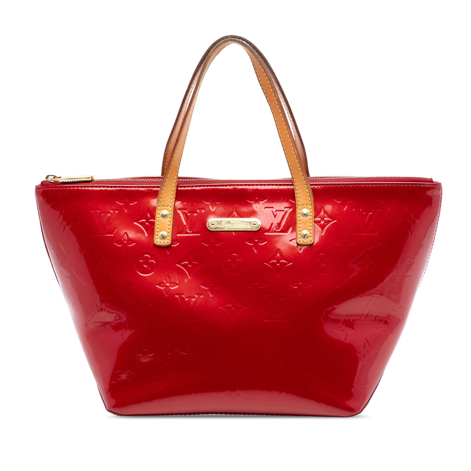 Red Vernis Leather Bellevue PM Tote by Louis Vuitton: Red Vernis Leather Bellevue PM Tote by Louis Vuitton This Louis Vuitton Monogram Vernis Bellevue PM features a vernis leather body in red, flat vachetta leather handles, a top zip closure, and interio