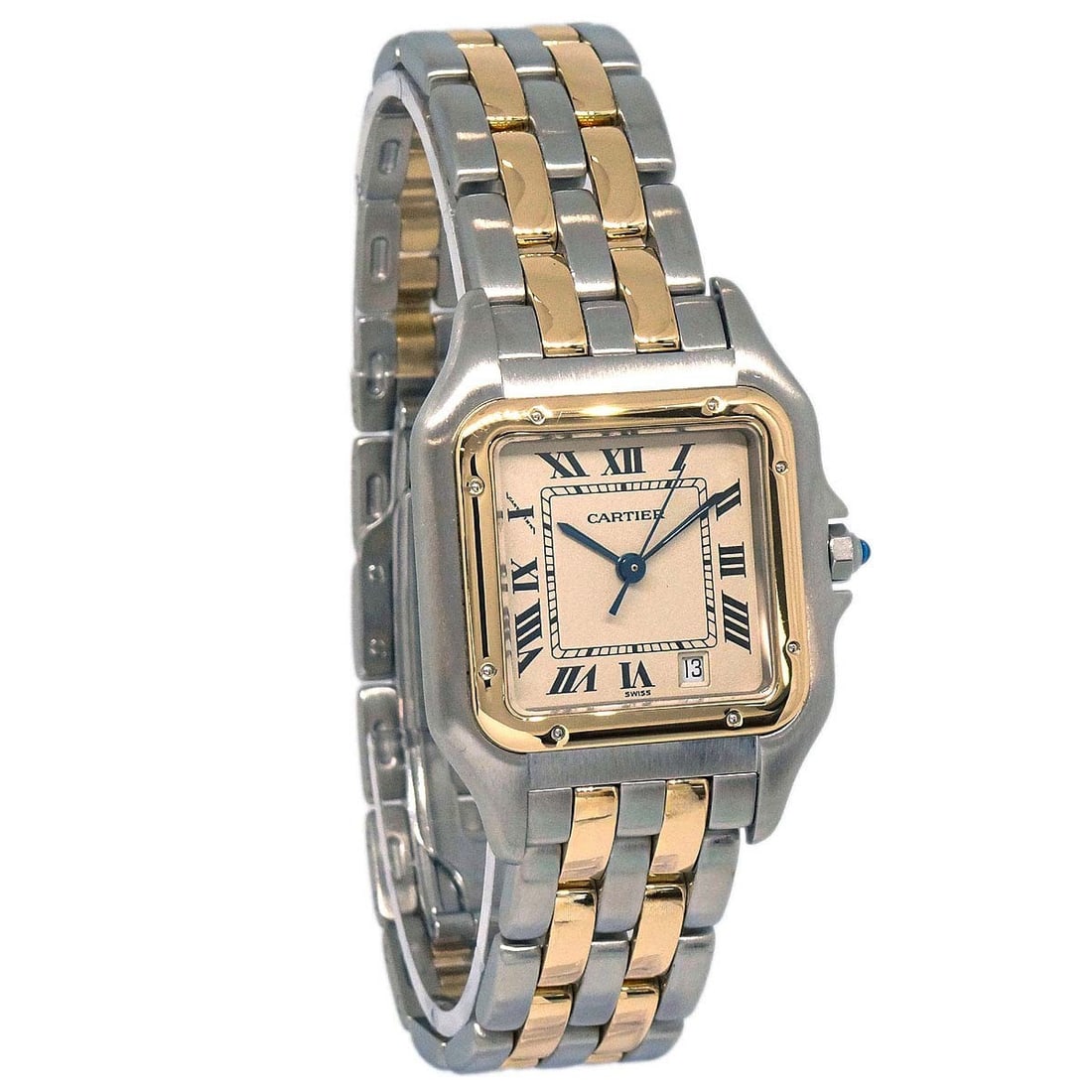 Cartier Panthere MM quartz wristwatch 18KYG stainless steel: Cartier Panthere MM quartz wristwatch 18KYG stainless steel This Cartier Panthere MM 2-Row wristwatch features a quartz movement and a classic luxury design. The watch showcases a gold and silver stai
