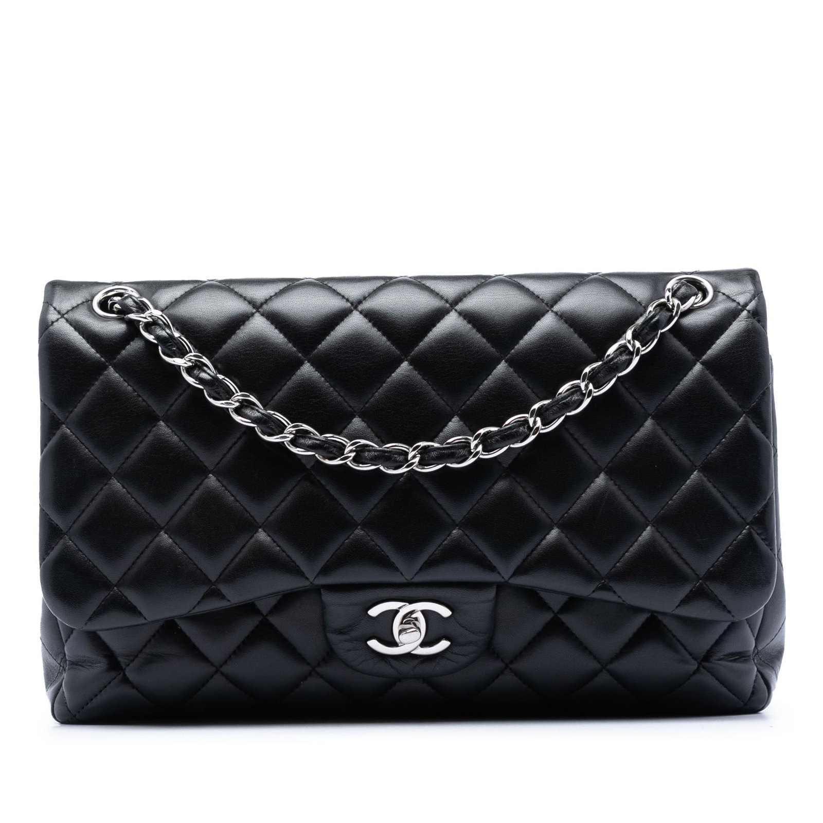Chanel Jumbo Classic Lambskin Flap Shoulder Bag: Chanel Jumbo Classic Lambskin Flap Shoulder Bag This Chanel Jumbo Classic Lambskin Double Flap shoulder bag is crafted from quilted lambskin leather in black. It features leather-woven chain straps, a