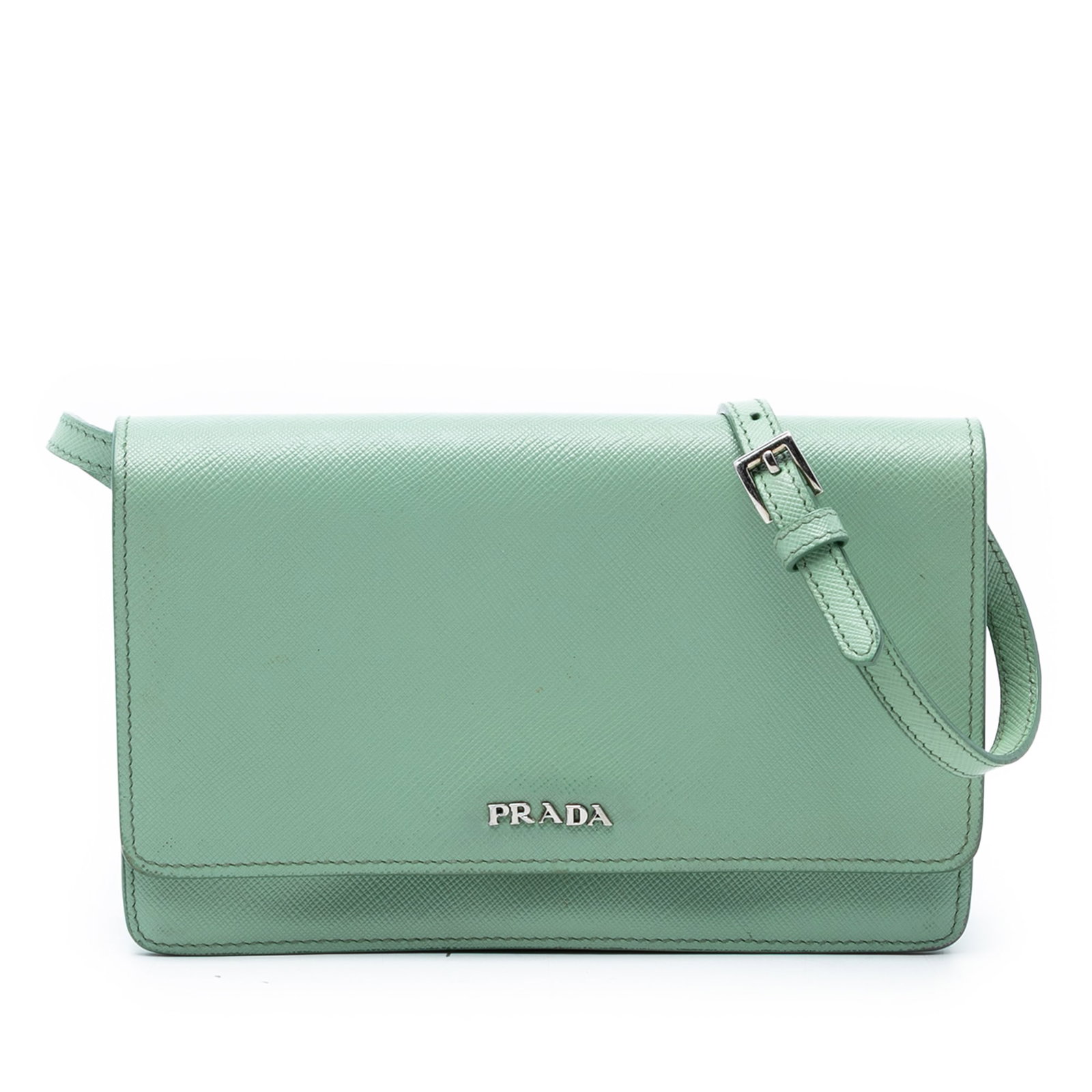 Green Saffiano Leather Wallet on Strap by Prada with Adjustable Shoulder: Green Saffiano Leather Wallet on Strap by Prada with Adjustable Shoulder This Prada Saffiano Wallet on Strap features a saffiano leather body in green, complemented by an adjustable leather strap. The