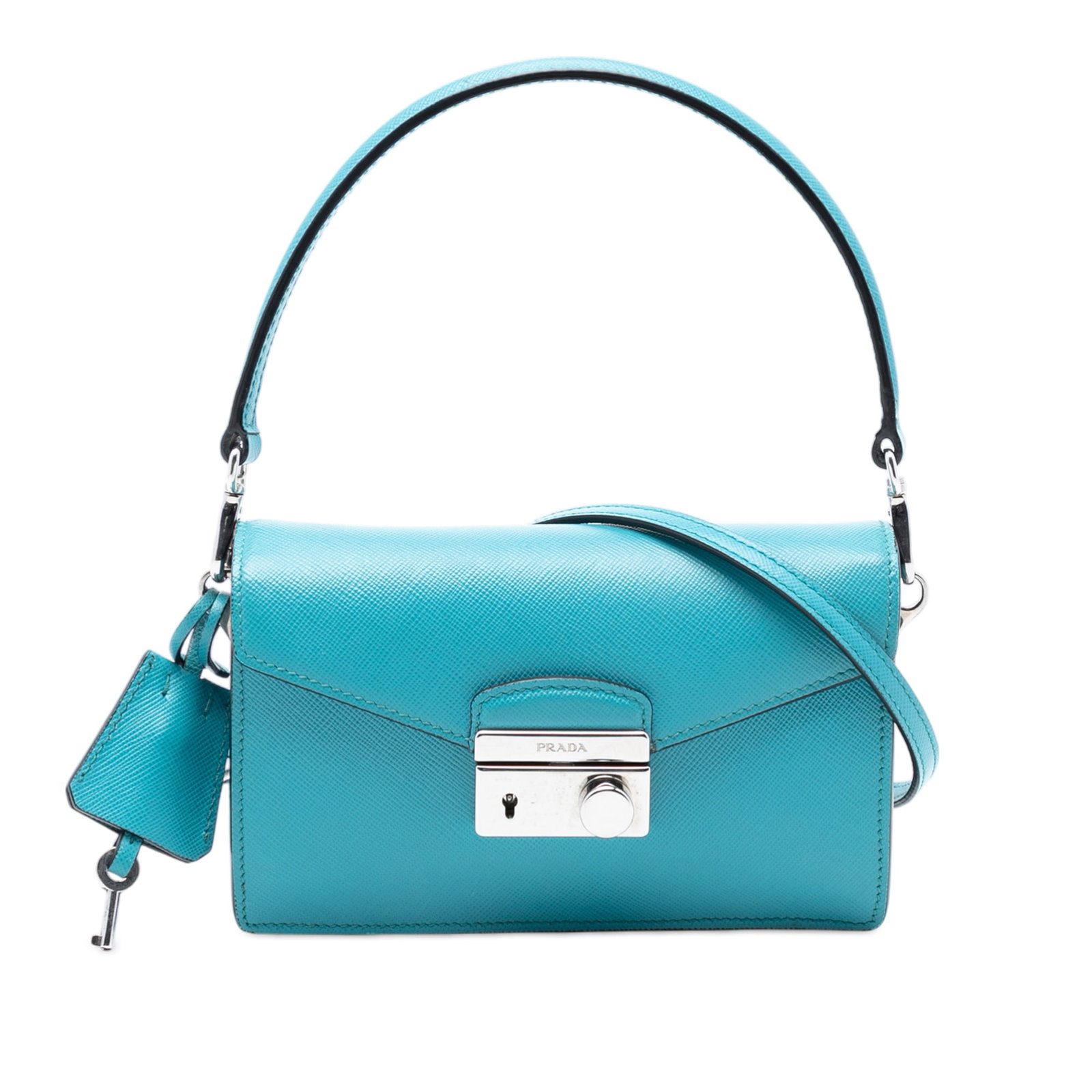 Blue Saffiano Leather Satchel with Detachable Strap by Prada: Blue Saffiano Leather Satchel with Detachable Strap by Prada This Prada Saffiano Lux Sound Lock Satchel features a blue saffiano leather body with a detachable flat leather handle and an adjustable, d
