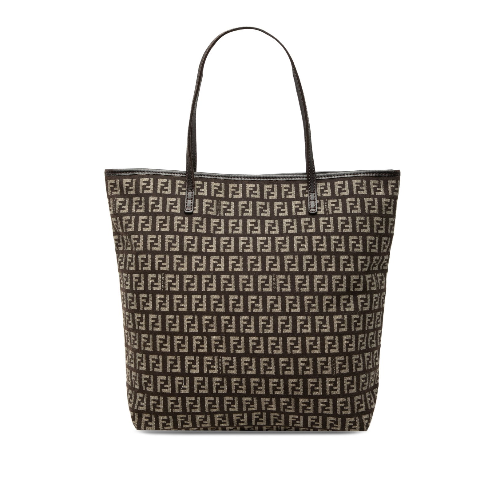 Fendi Brown Canvas Tote with Leather Trim: Fendi Brown Canvas Tote with Leather Trim This Fendi Zucchino Canvas Tote features a brown canvas body with leather trim and flat leather handles. The tote has an open top and interior slip pockets fo