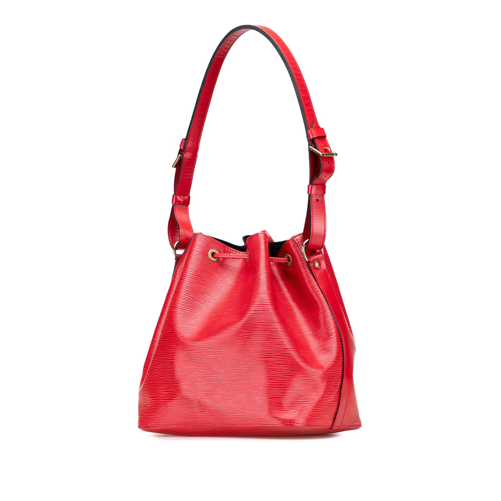 Louis Vuitton Epi Petit Noe Red Leather Bag with Drawstring Closure: Louis Vuitton Epi Petit Noe Red Leather Bag with Drawstring Closure Introducing the Louis Vuitton Epi Petit Noe, a stylish and functional bag crafted from premium epi leather. This striking red bag fe