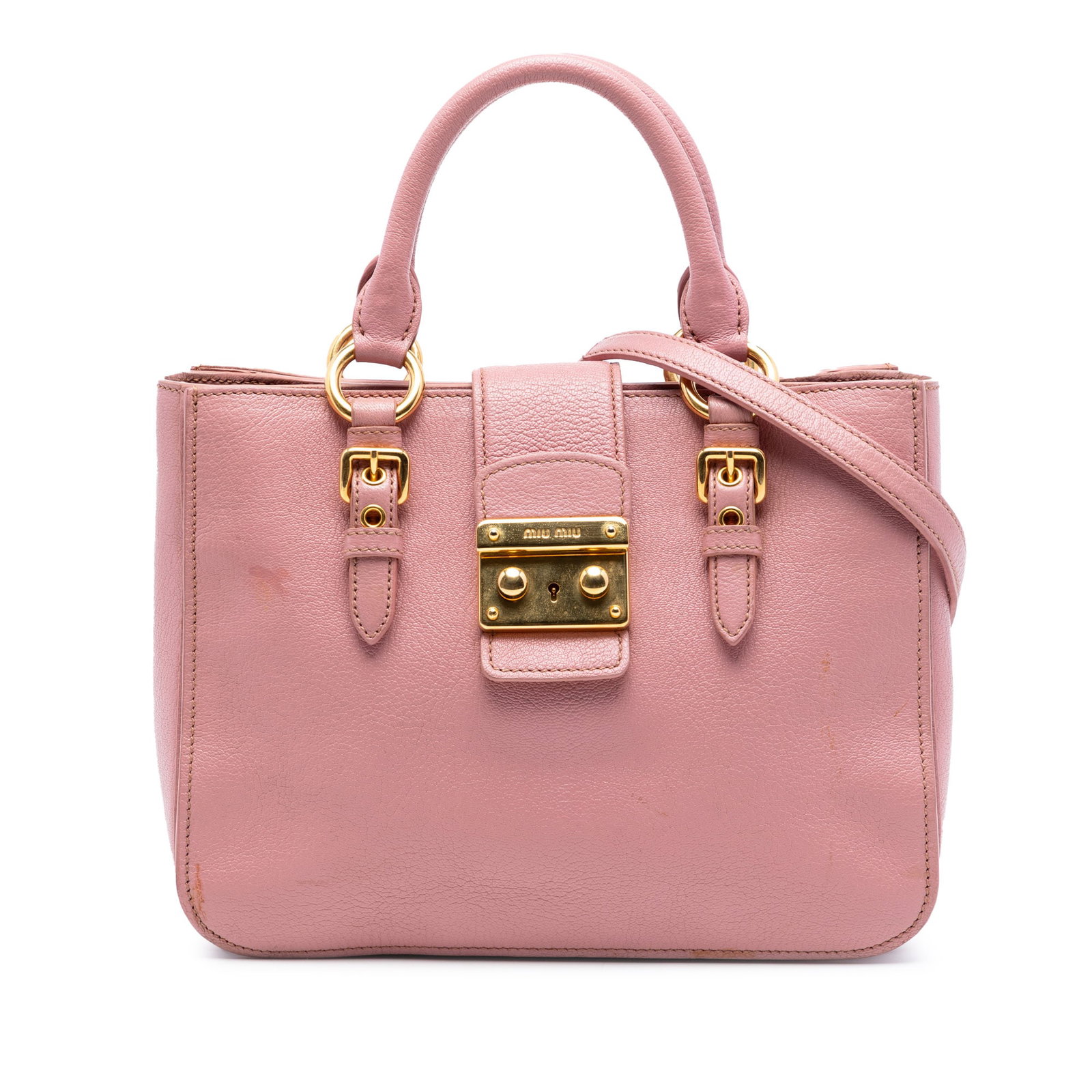 Miu Miu Pink Goatskin Madras Satchel: Miu Miu Pink Goatskin Madras Satchel This Miu Miu Goatskin Madras Satchel is crafted from premium goatskin leather in a pink hue. It features rolled handles, a detachable and adjustable flat leather s