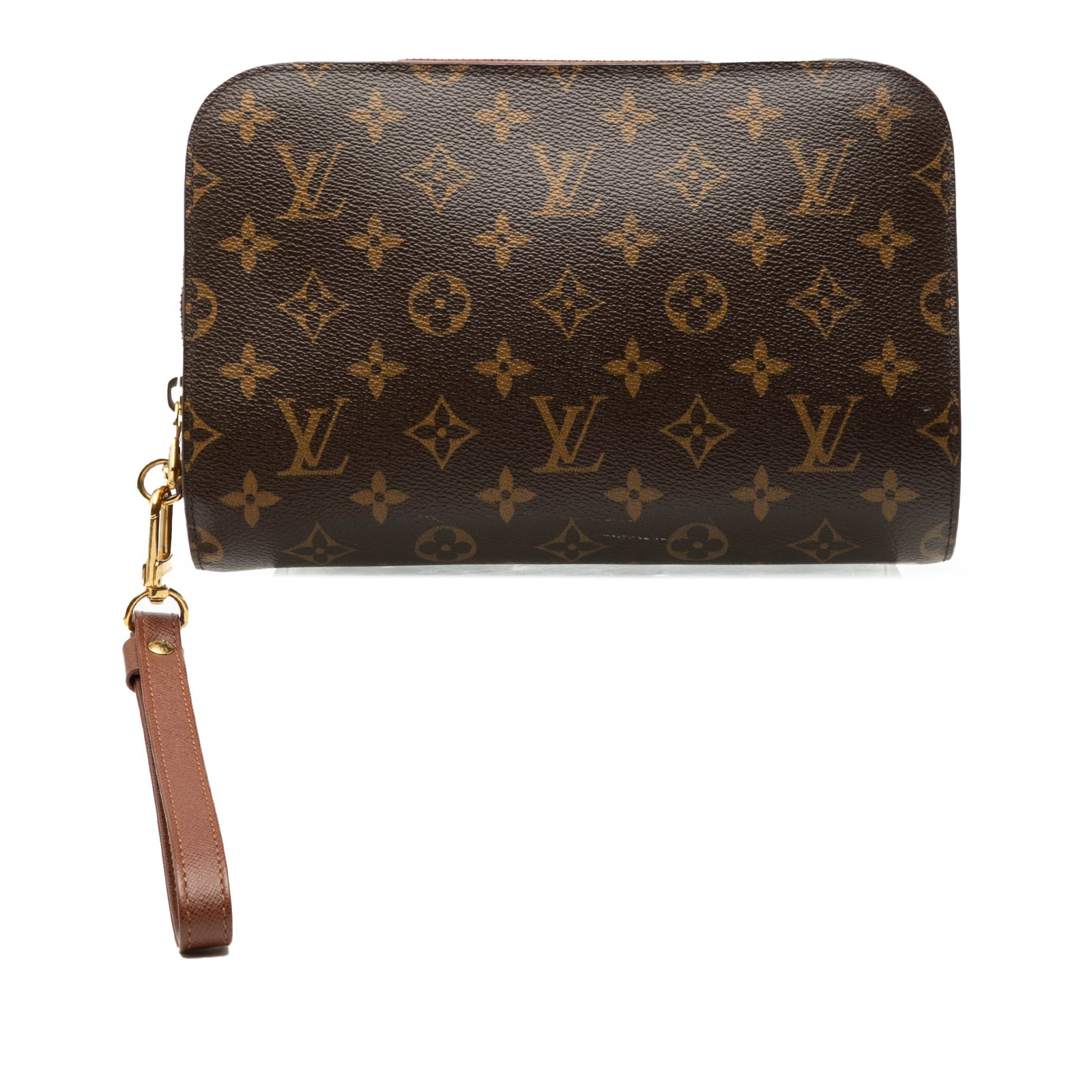 Louis Vuitton Orsay Wristlet Bag with Monogram Canvas and Zip Closure: Louis Vuitton Orsay Wristlet Bag with Monogram Canvas and Zip Closure The Louis Vuitton Monogram Orsay is a brown bag crafted from the brand's signature monogram canvas with a leather wrist strap. It 