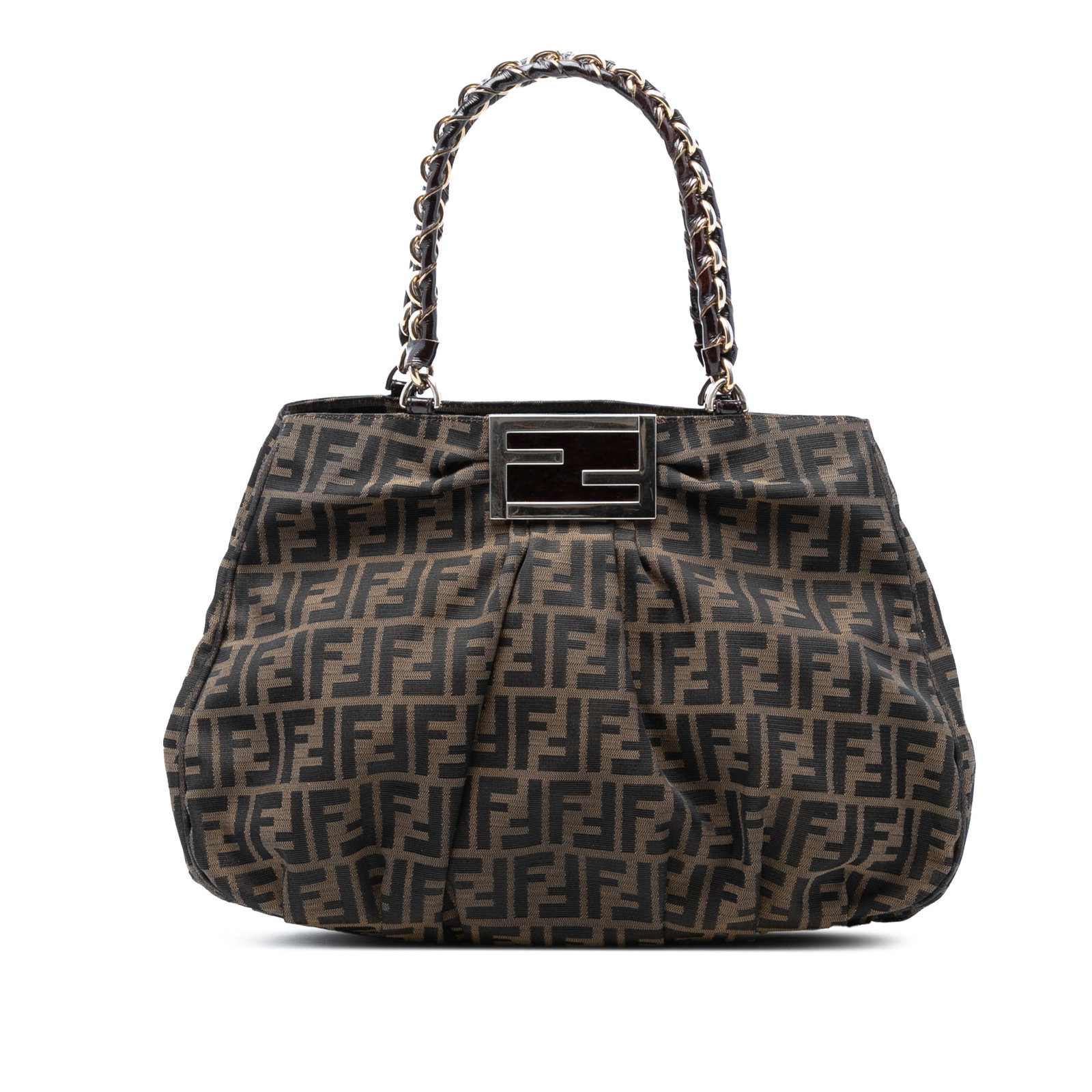 Fendi Zucca Canvas Mia Tote Large Brown: Fendi Zucca Canvas Mia Tote Large Brown This Fendi Large Zucca Canvas Mia Tote features a canvas body with the iconic Zucca pattern, complemented by patent leather woven chain link shoulder straps. Th