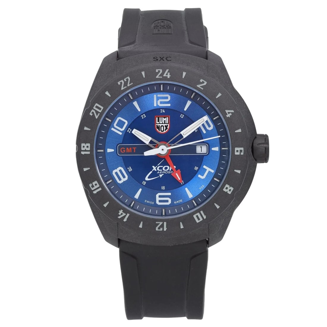 Luminox Xcor Aerospace 45mm Carbon Military Watch Blue Dial GMT Quartz: Luminox Xcor Aerospace 45mm Carbon Military Watch Blue Dial GMT Quartz The Luminox Xcor Aerospace is a robust and stylish military wristwatch designed for adventure. This timepiece features a striking