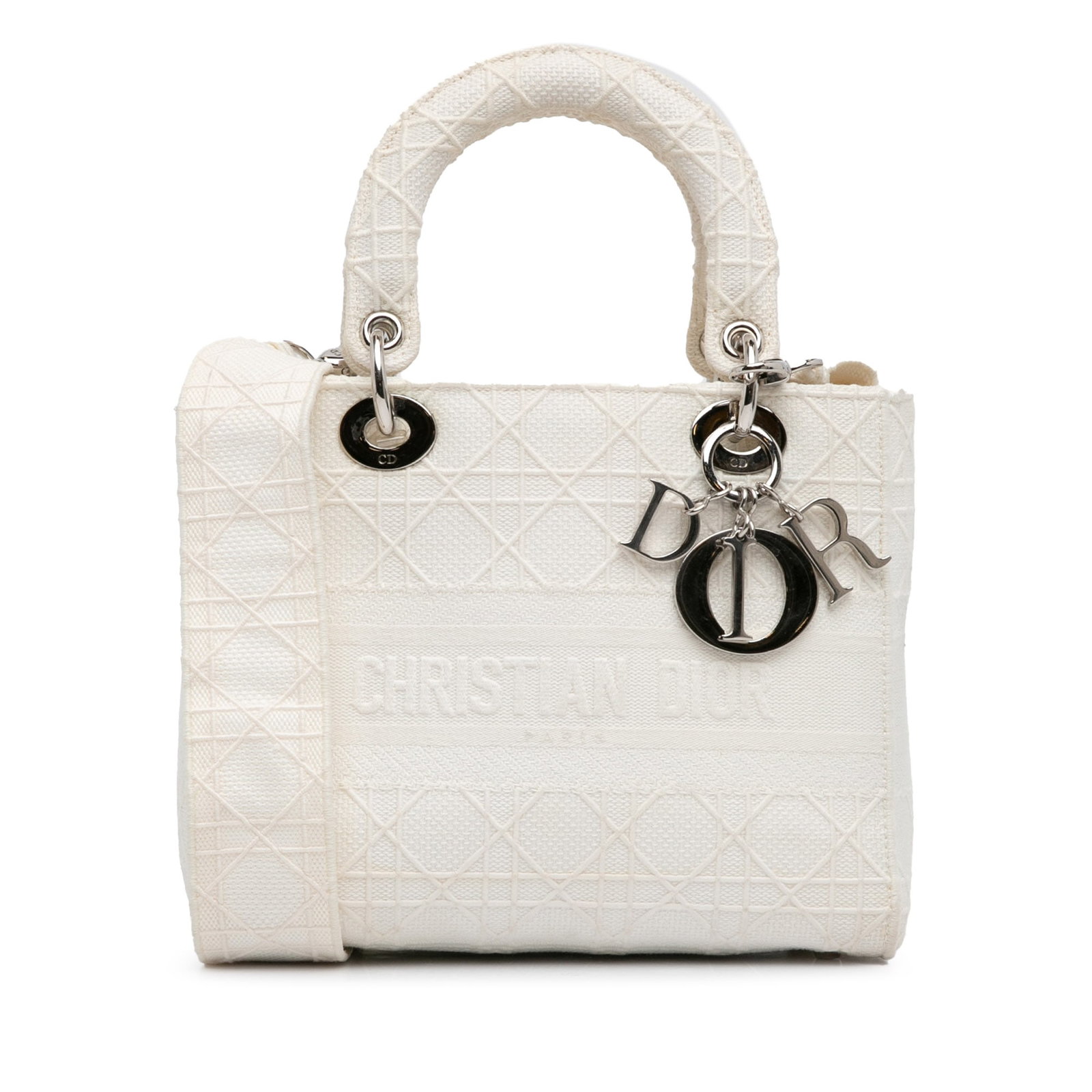 Dior Medium Cannage Lady D-Lite White Fabric Handbag: Dior Medium Cannage Lady D-Lite White Fabric Handbag Introducing the Dior Medium Cannage Lady D-Lite, a stylish and versatile handbag crafted from durable fabric. This elegant bag features a canvas bo