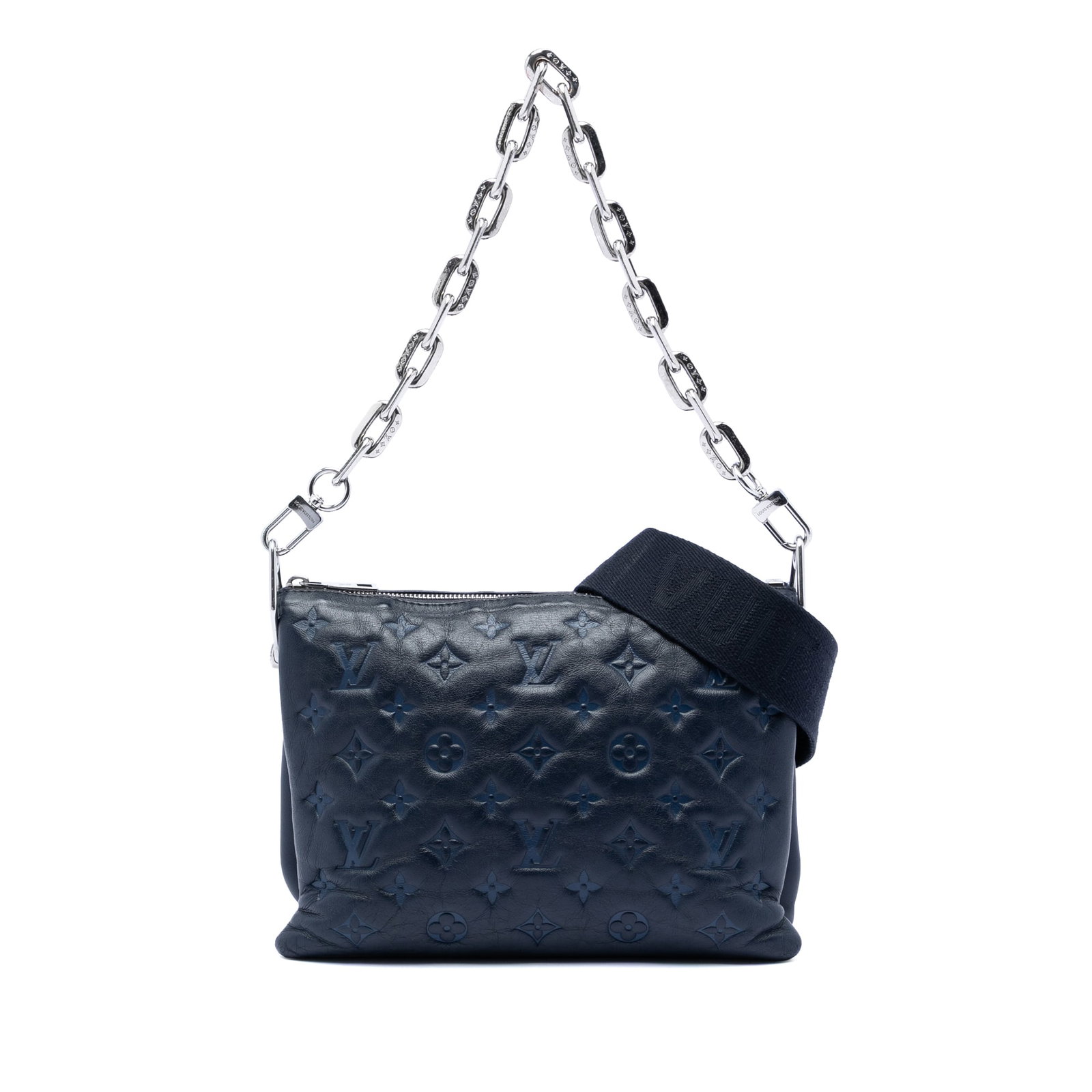 Louis Vuitton Coussin PM blue lambskin monogram embossed bag: Louis Vuitton Coussin PM blue lambskin monogram embossed bag This Louis Vuitton Monogram Embossed Puffy Lambskin Coussin PM bag features a blue embossed monogram puffy lambskin leather exterior. It co