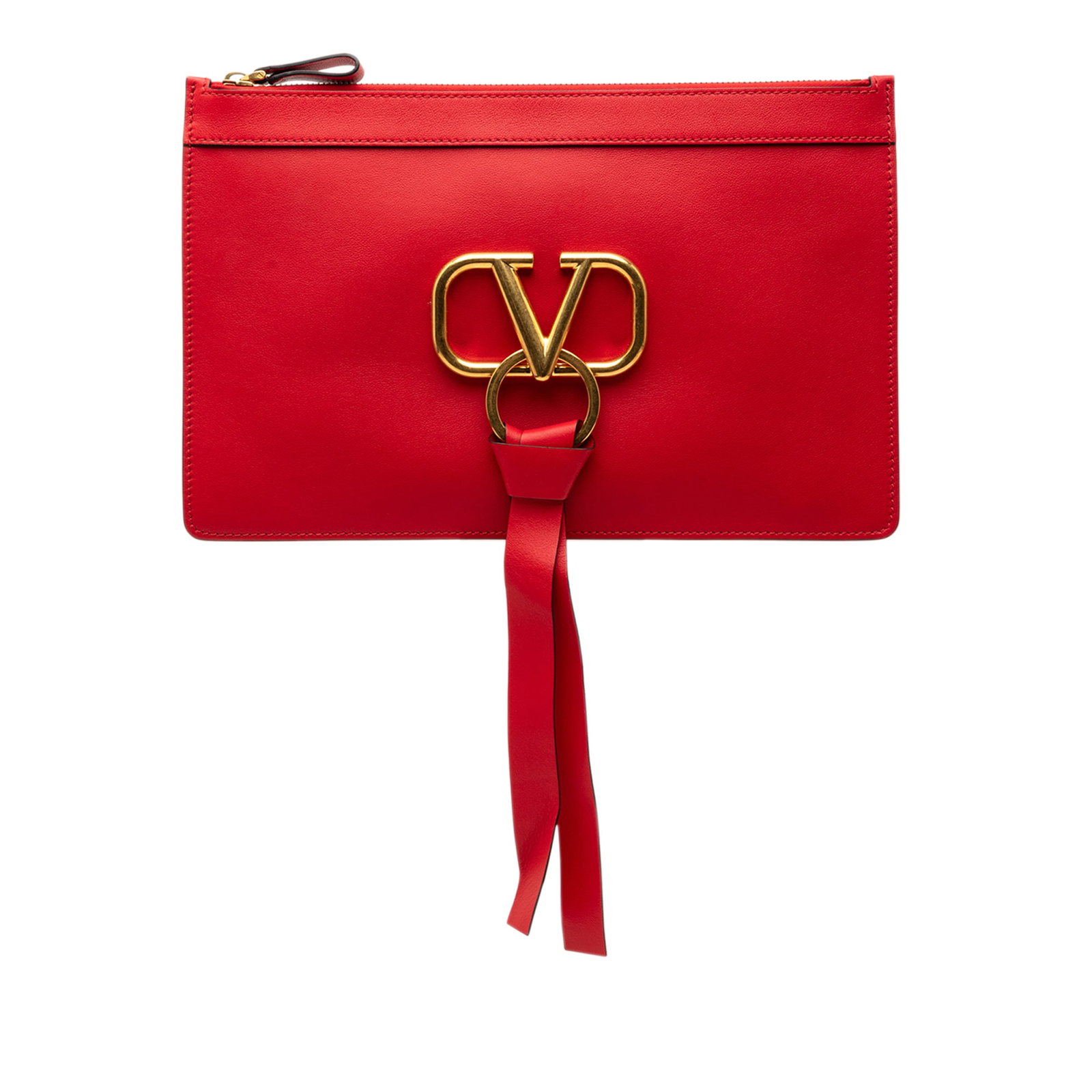 Valentino Red Leather VRing Zip Clutch Bag: Valentino Red Leather VRing Zip Clutch Bag This Valentino Leather VRing Clutch is crafted from red leather and features a top zip closure. The bag shows signs of use, including scratches on the exteri