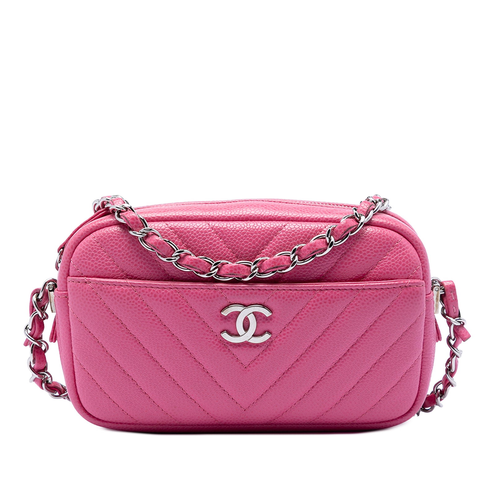 Chanel CC Chevron Caviar Pink Crossbody Bag: Chanel CC Chevron Caviar Pink Crossbody Bag This Chanel CC Chevron Caviar Camera Bag is crafted from quilted caviar leather in a pink finish. It features a leather-woven chain strap for crossbody wear