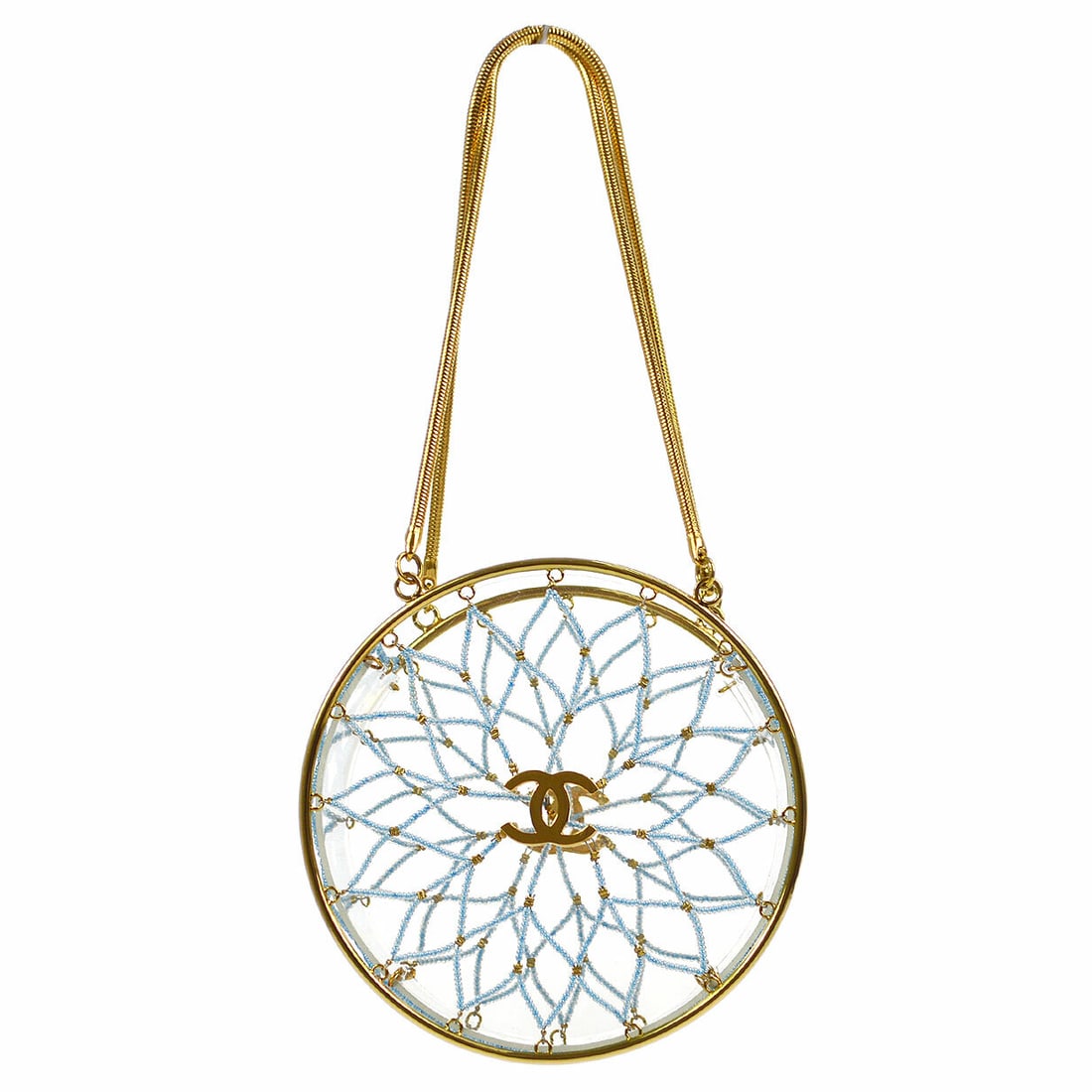 CHANEL CC Beaded Clear Light Blue Top Handle Party Bag: CHANEL CC Beaded Clear Light Blue Top Handle Party Bag This Chanel party handbag features a clear light blue exterior adorned with beaded accents and gold-tone details. Designed with a top handle and 