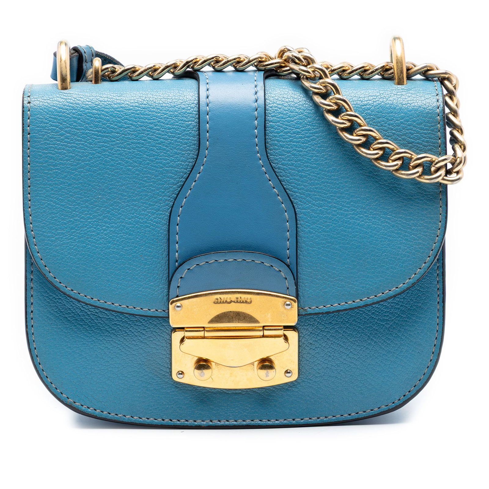 Miu Miu Madras goatskin leather crossbody bag: Miu Miu Madras goatskin leather crossbody bag This Miu Miu Goatskin Madras Crossbody bag features a blue goatskin leather body with an adjustable flat leather and curb chain strap. The design includes