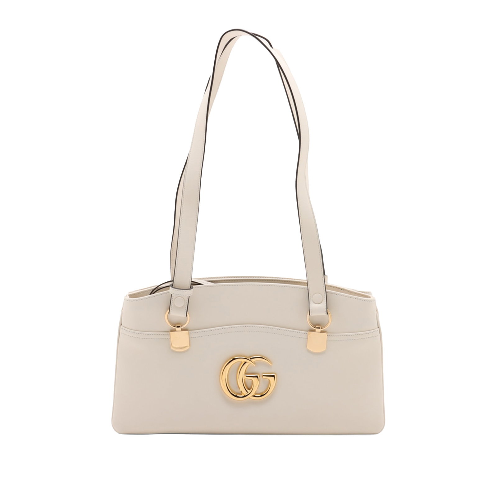 Gucci Arli white leather shoulder bag large: Gucci Arli white leather shoulder bag large This Gucci Large Leather Arli Shoulder Bag is crafted from white leather and features flat leather straps, double top zip closures, and both front and back 