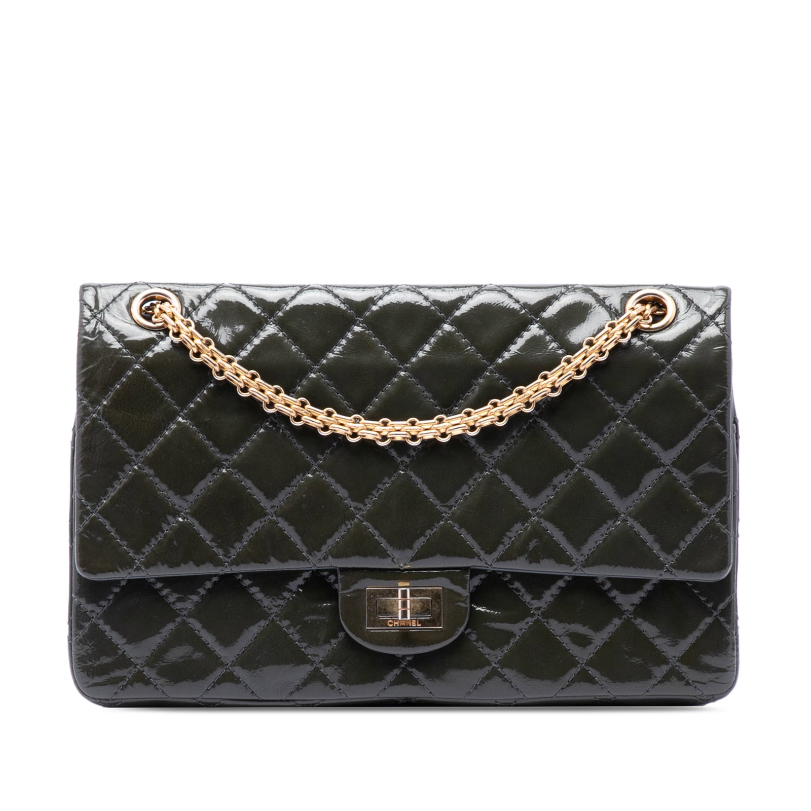 Chanel 2.55 Double Flap Patent Leather Green Bag: Chanel 2.55 Double Flap Patent Leather Green Bag This Chanel Quilted Patent Reissue 2.55 Double Flap 226 bag is crafted from green quilted patent leather and features a chain link strap, a front flap 