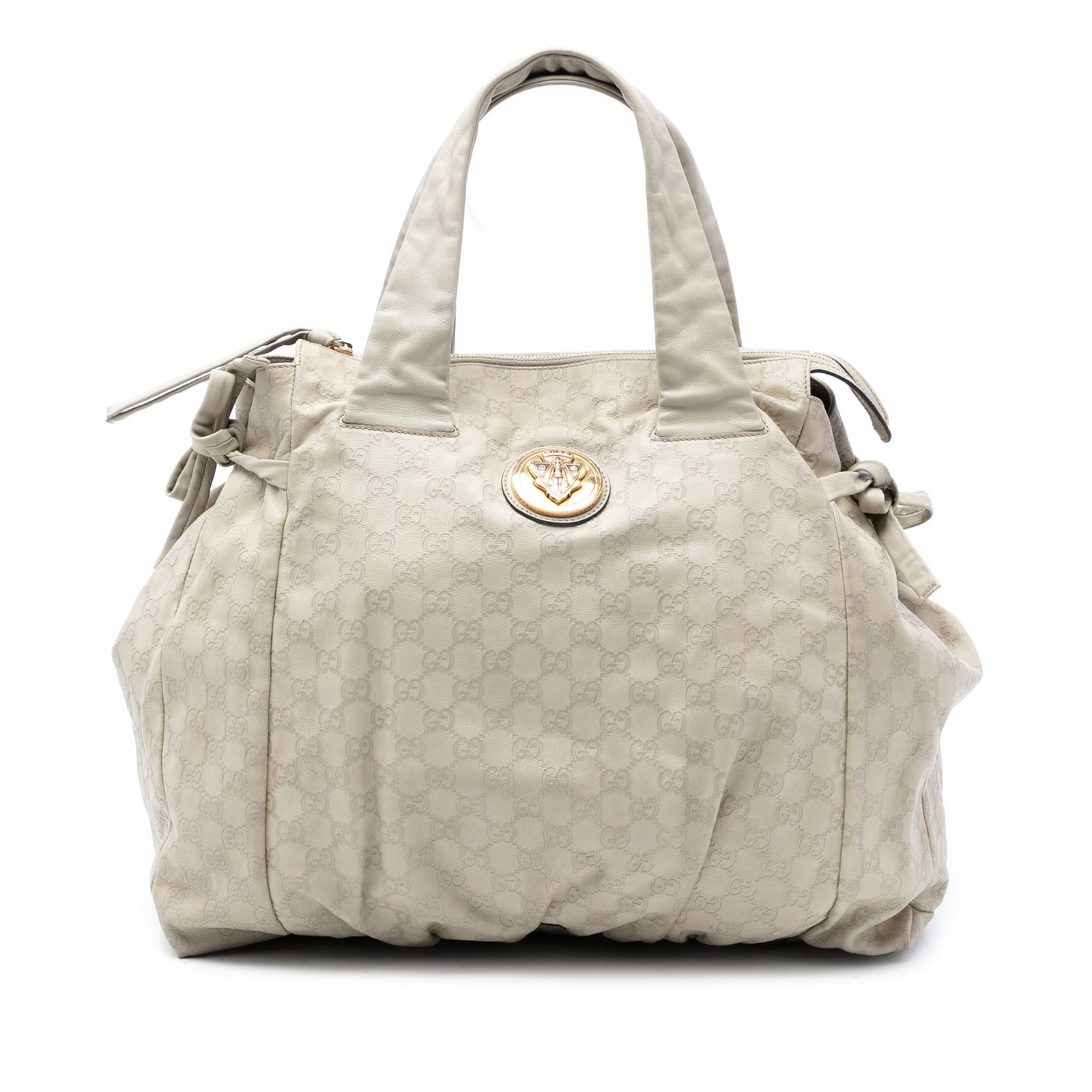 Gucci Hysteria White Leather Large Tote Bag with Zip Closure: Gucci Hysteria White Leather Large Tote Bag with Zip Closure The Gucci Large Guccissima Hysteria Tote features a spacious white leather body with flat leather handles, a top zip closure, and an interi
