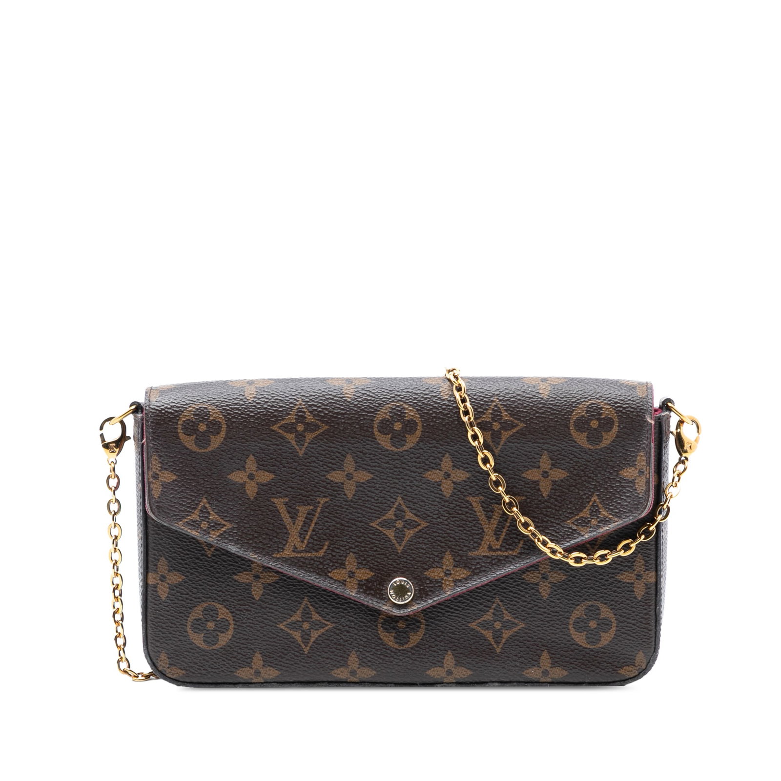 Louis Vuitton Pochette Felicie Monogram Canvas Crossbody Bag with Chain Strap: Louis Vuitton Pochette Felicie Monogram Canvas Crossbody Bag with Chain Strap This Louis Vuitton Monogram Pochette Felicie is a crossbody bag crafted from signature monogram canvas in brown. It featur