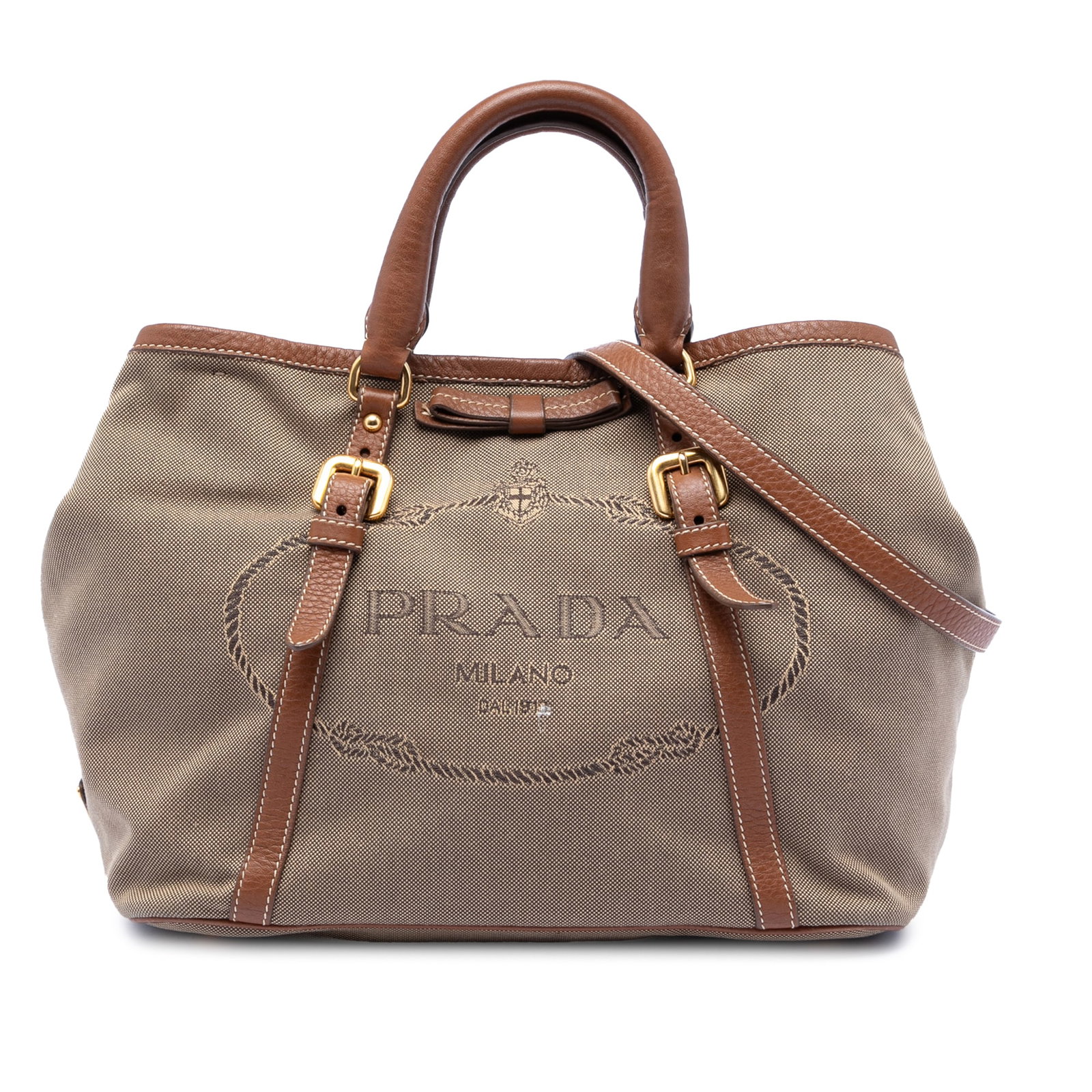 Prada Canapa Bow Satchel Beige Canvas with Leather Trim: Prada Canapa Bow Satchel Beige Canvas with Leather Trim This Prada Canvas Canapa Logo Bow Satchel features a beige fabric body with leather trim, rolled leather handles, and a detachable, adjustable f