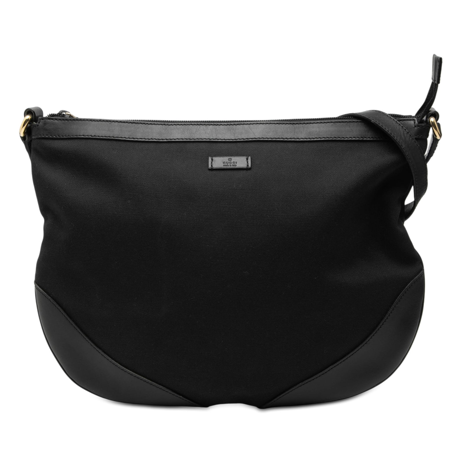Gucci Black Canvas Shoulder Bag with Leather Trim and Adjustable Strap: Gucci Black Canvas Shoulder Bag with Leather Trim and Adjustable Strap This Gucci Canvas Crossbody shoulder bag features a black canvas body with leather trim, an adjustable flat leather strap, a top 