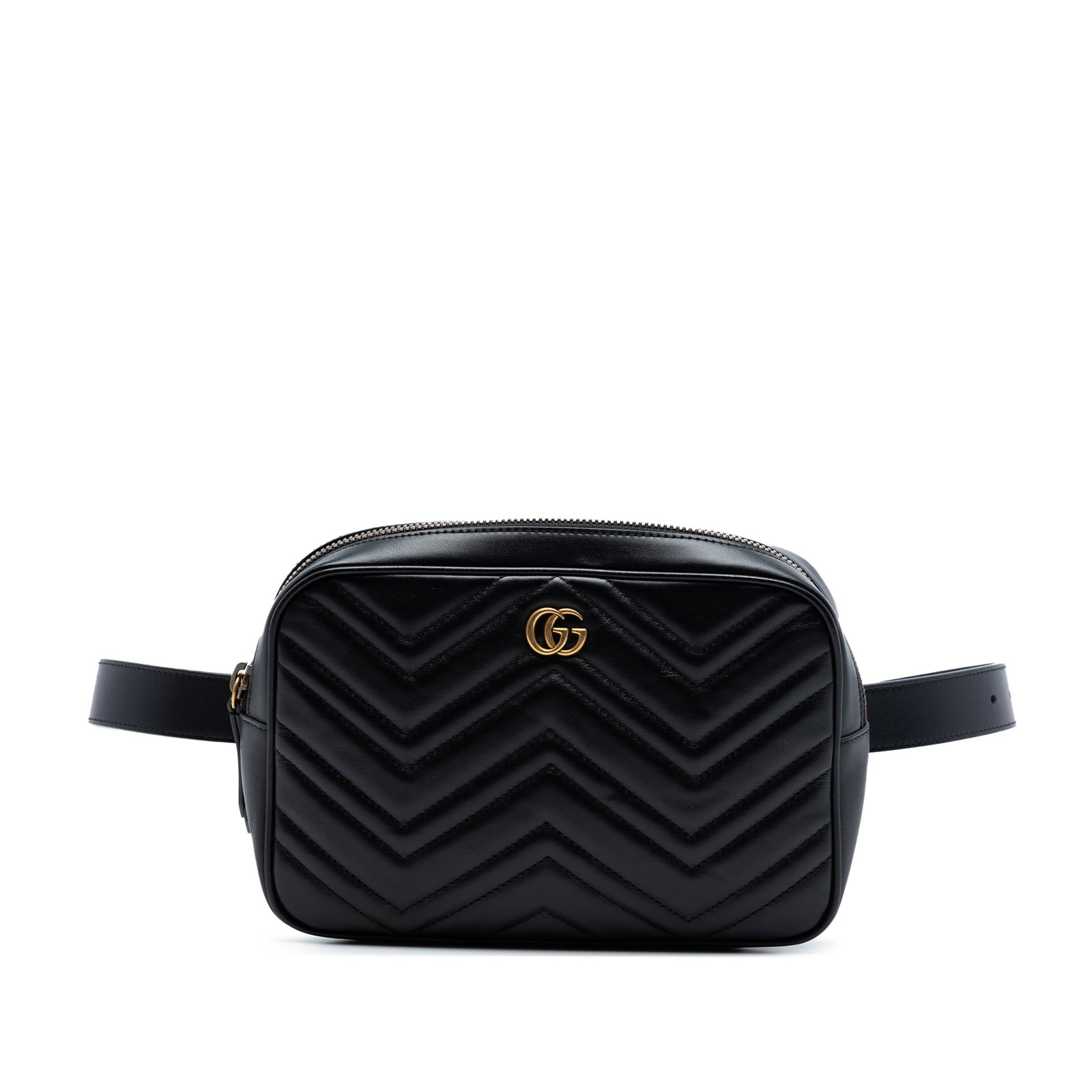 Gucci GG Marmont Black Leather Belt Bag: Gucci GG Marmont Black Leather Belt Bag This Gucci GG Marmont Square Matelasse leather belt bag features a quilted leather body in black, an adjustable flat waist strap, a top zip closure, and an inte