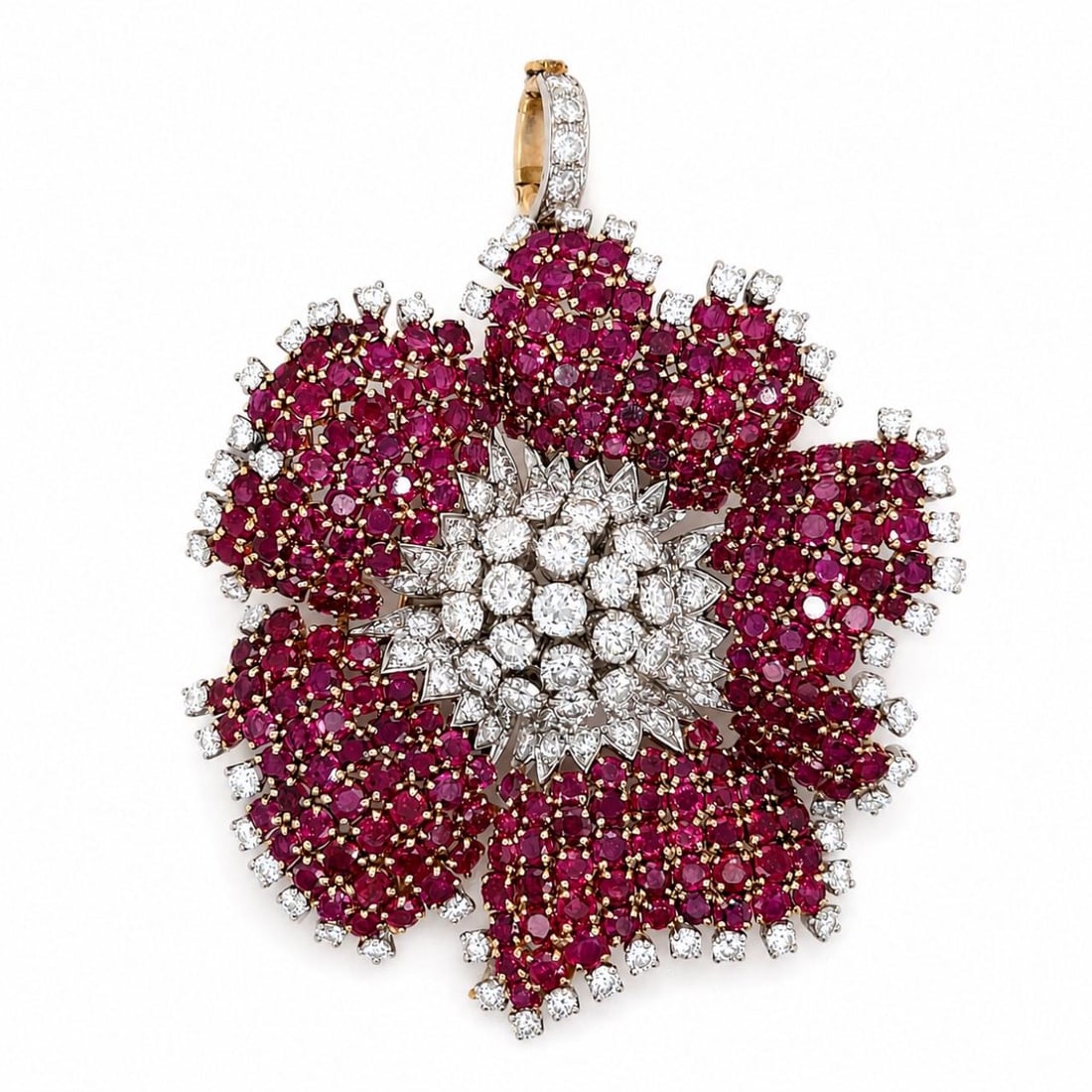 David Webb Ruby Diamond Flower Brooch Pendant 18K Platinum (1 of 8)