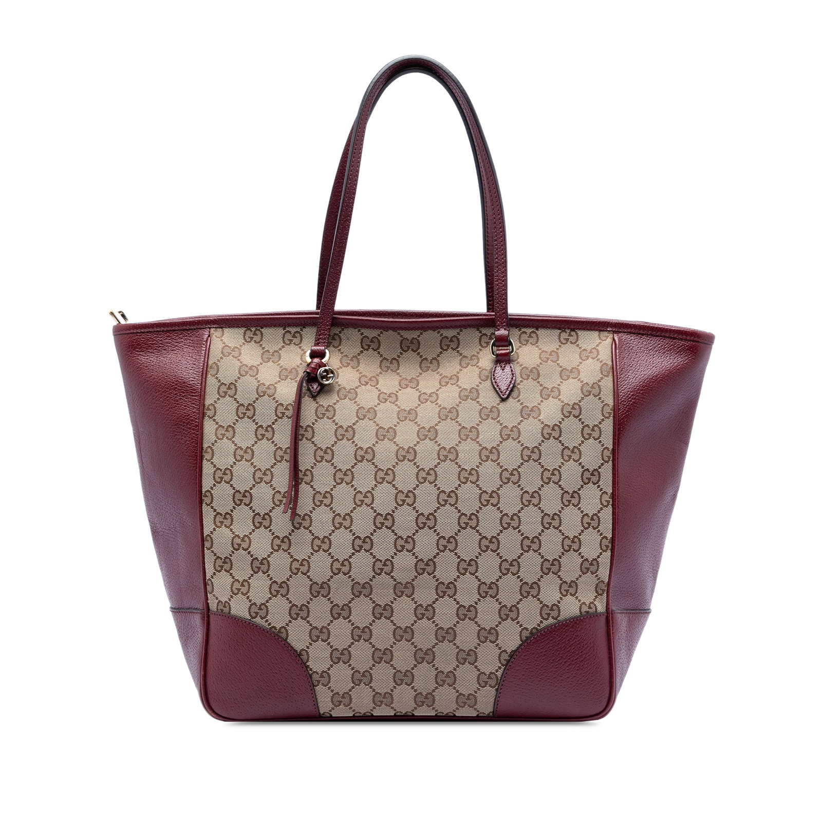 GG Canvas Bree Tote Bag with Leather Trim by Gucci: GG Canvas Bree Tote Bag with Leather Trim by Gucci This Gucci GG Canvas Bree Tote features a beige canvas body with leather trim, flat leather handles, a top zip closure, and interior zip and slip poc