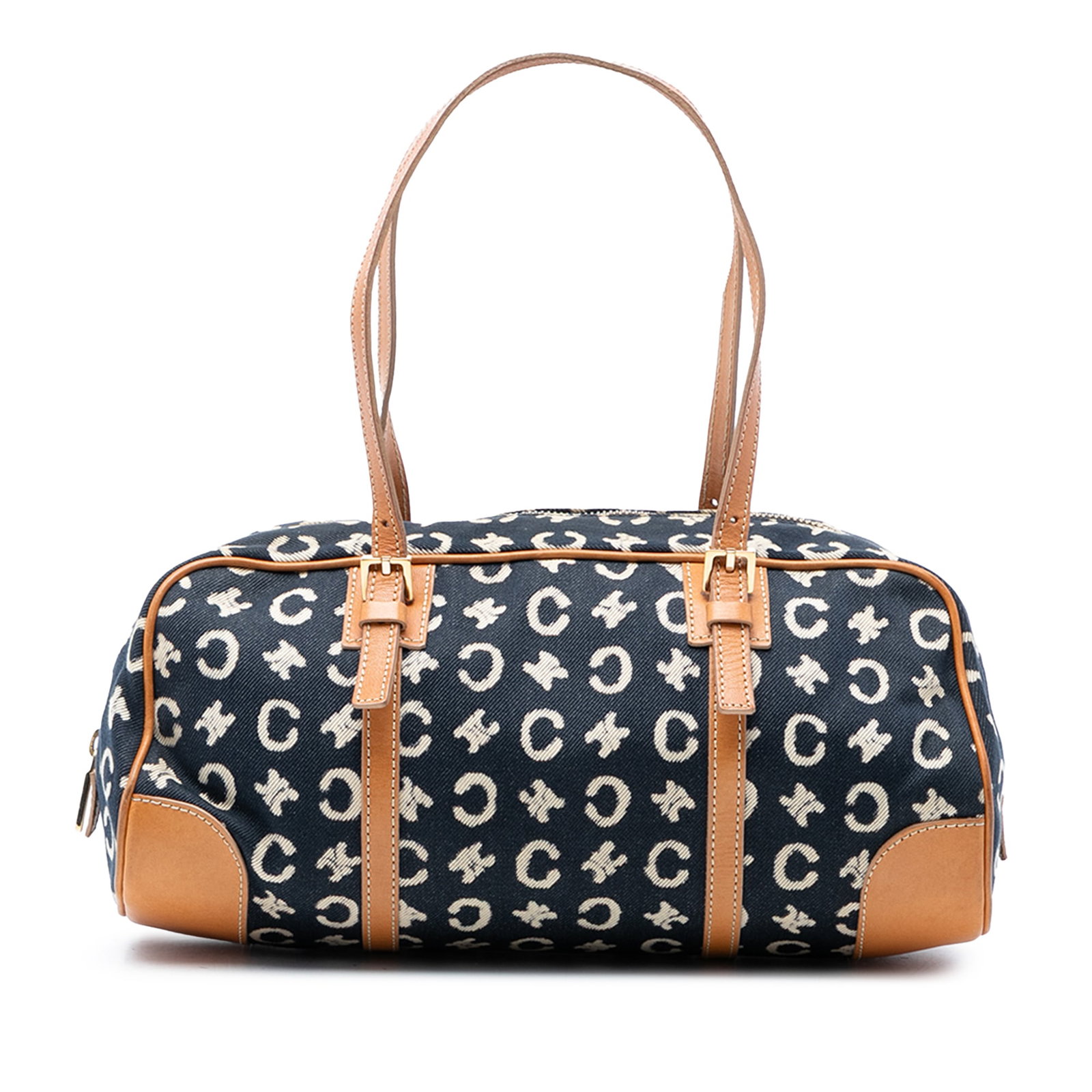 Celine C Macadam Denim Blue Shoulder Bag: Celine C Macadam Denim Blue Shoulder Bag This Celine C Macadam Denim Shoulder Bag features a blue denim body with leather trim and adjustable flat leather straps. It is designed with a top zip closure