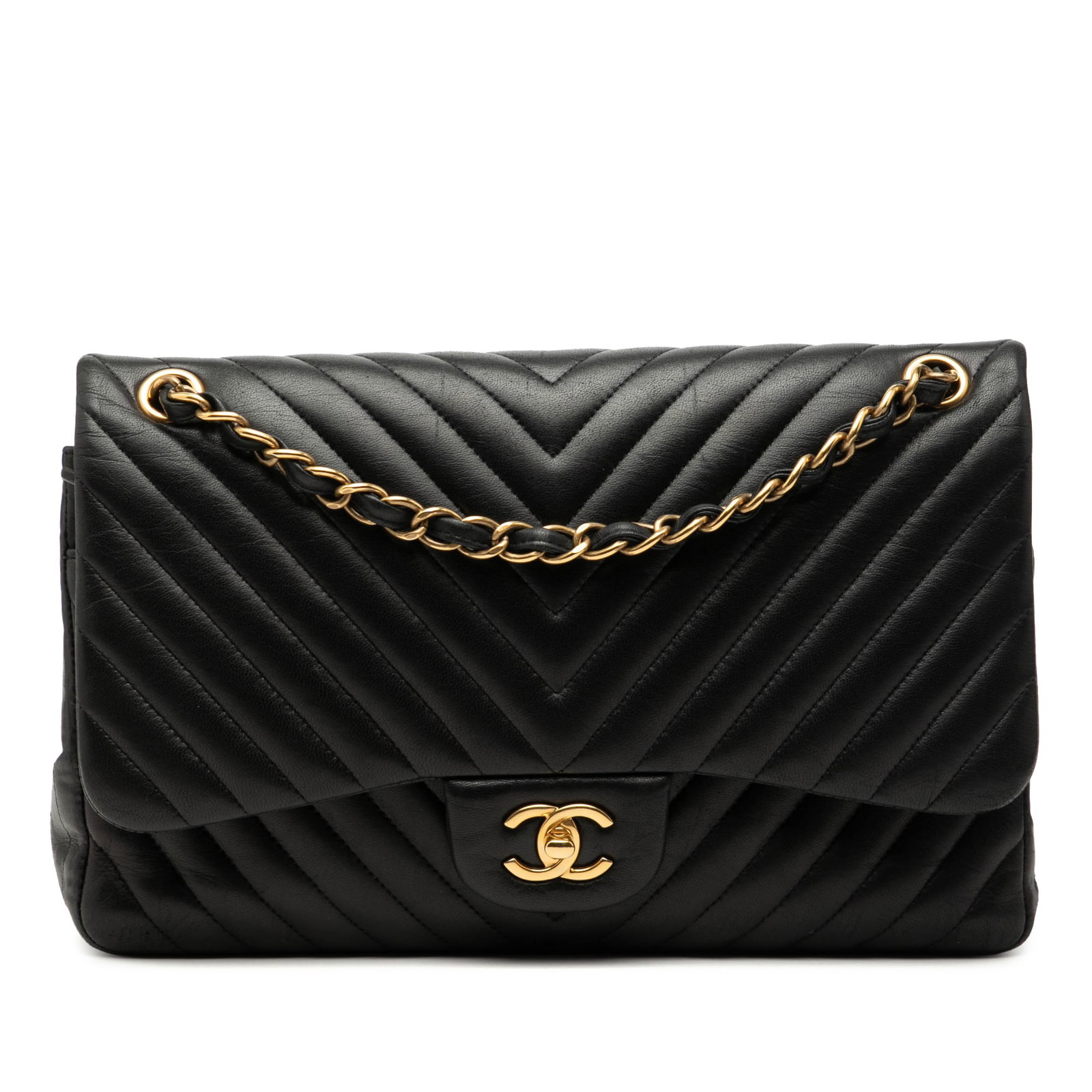 Chanel Chevron Quilted Lambskin Jumbo Double Flap Shoulder Bag Black: Chanel Chevron Quilted Lambskin Jumbo Double Flap Shoulder Bag Black This Chanel Jumbo Classic Chevron Lambskin Double Flap shoulder bag features a quilted lambskin leather body with a chevron pattern