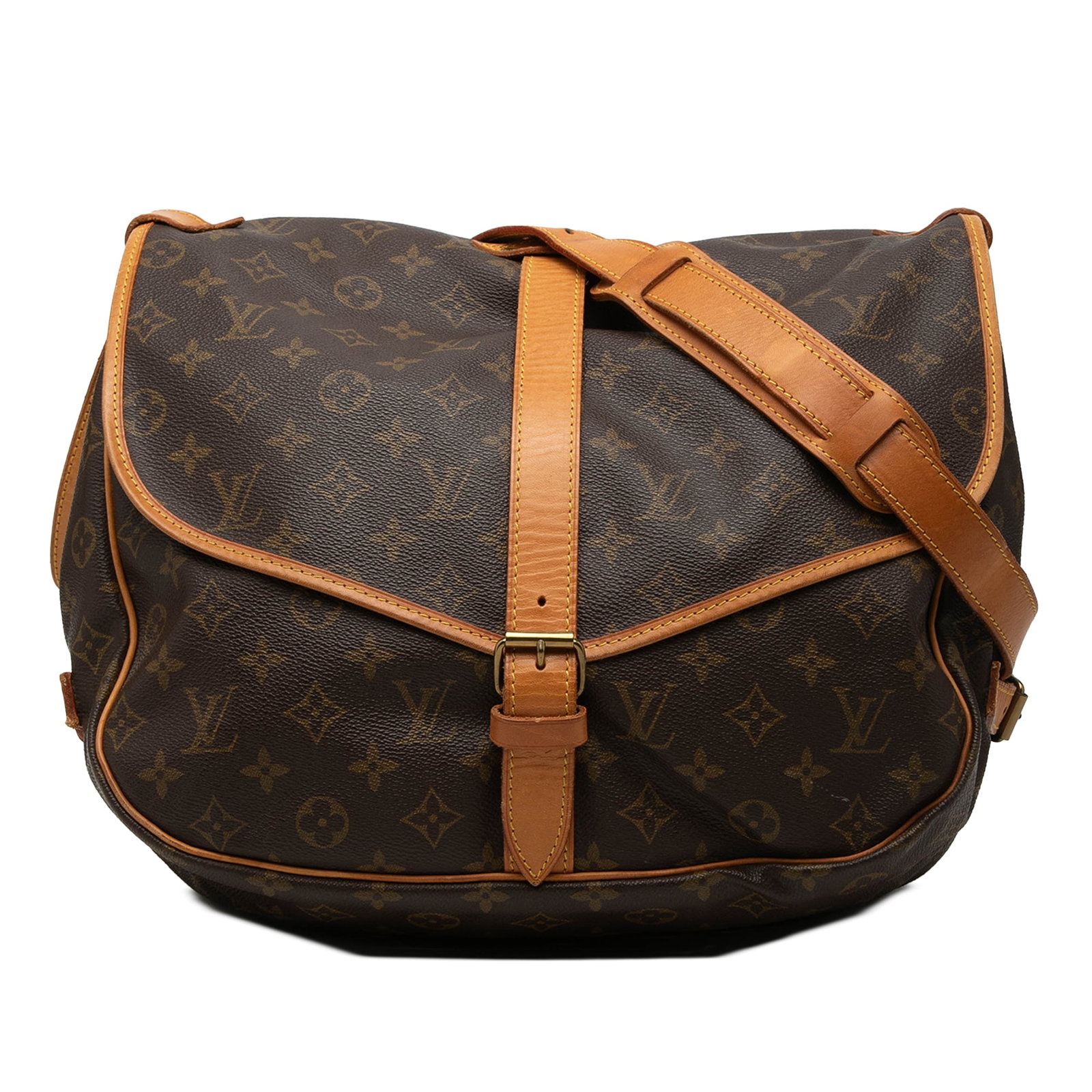 Louis Vuitton Saumur 35 Monogram Canvas Crossbody Bag: Louis Vuitton Saumur 35 Monogram Canvas Crossbody Bag This Louis Vuitton Monogram Saumur 35 bag features the iconic monogram canvas with vachetta leather trim and an adjustable flat vachetta leather s